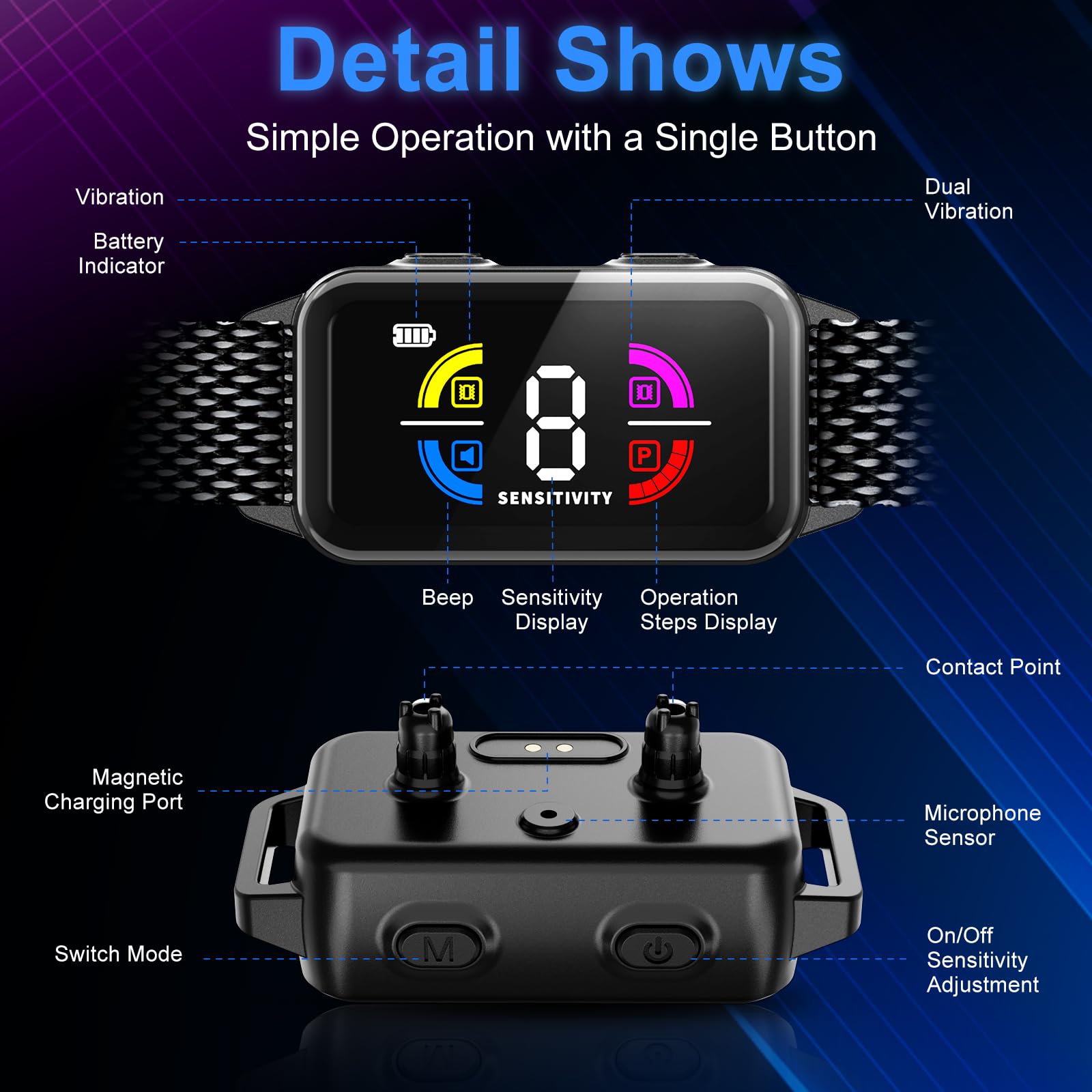 Bark Collar For Large Medium Dogs, Thunbest No Shock Bark Collar Rechargeable Dog Bark Collar With 8 Adjustable Sensitivity, Sma