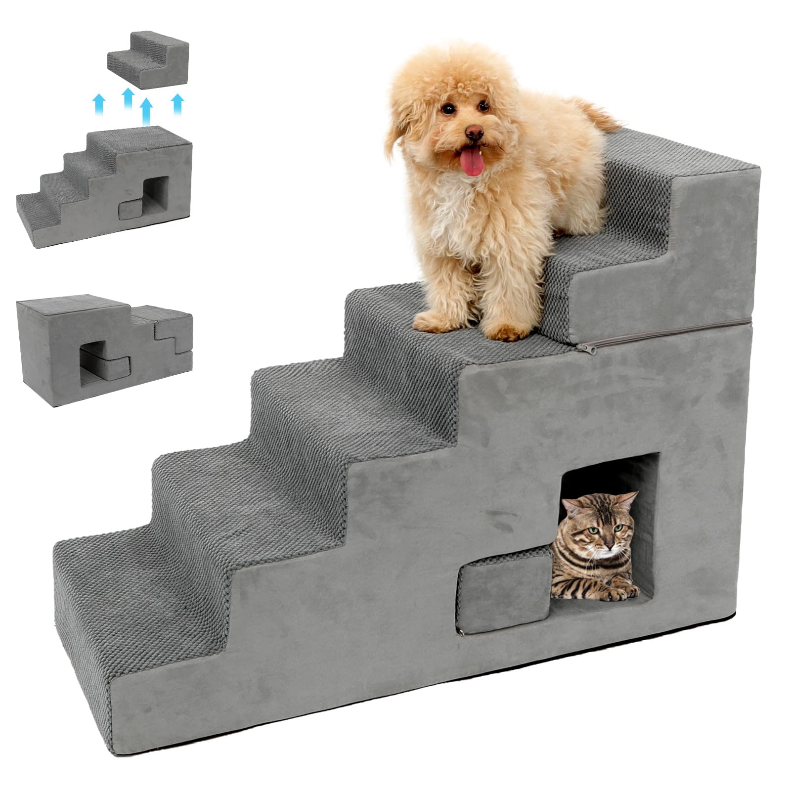 Dog Stairs for Small Dogs 27H, 6-Step Dog Steps for High Bed, High-Density Foam Pet Stairs with Non-Slip Removable Washable Cove