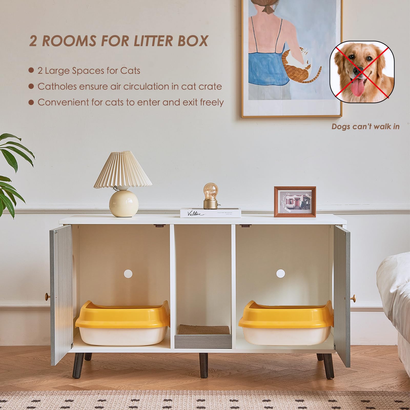 Litter Box Enclosure For 2 Cats - 42.5'' Double Room Cat Litter Box Cabinet Furniture With Scratching Pad, Indoor Hidden Cat Lit