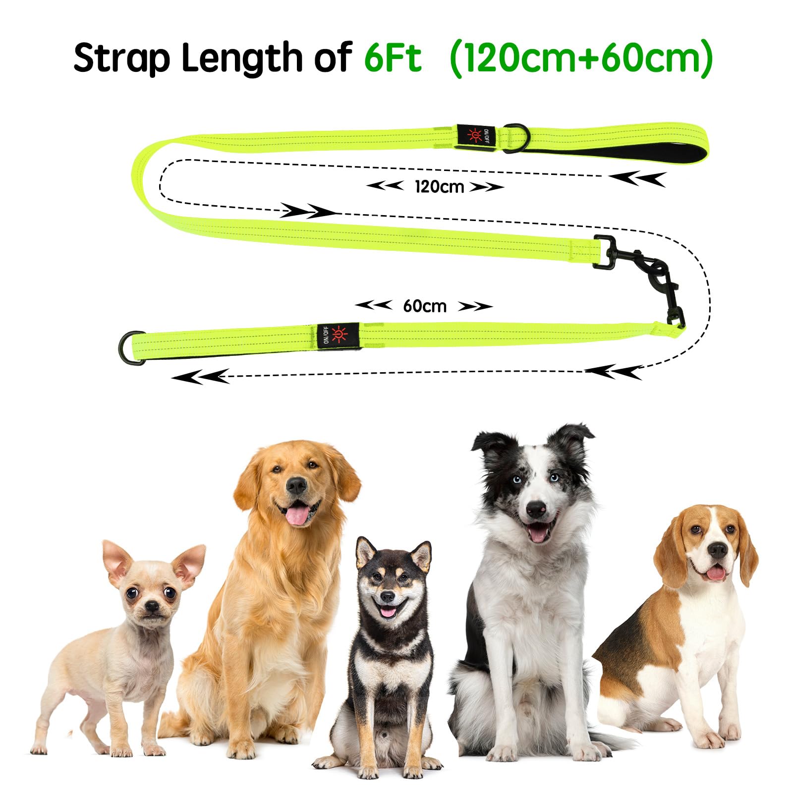 Dlitk Light Up Dog Leash, Led Leashes Rechargeable, Nylon Reflective Lead With Padded Handle For Night Walking, Safety Glow Ligh