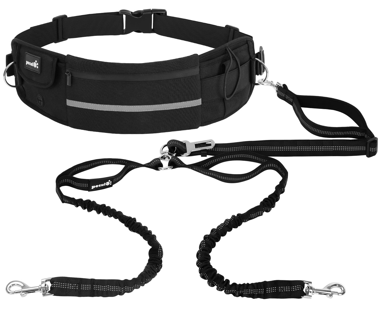 Pecute Hands Free 2 Dogs Waist Belt Fanny Pack With Soft Padded, Dual Dog Leash With Pouch, 3 Padded Handles, Durable Bungee, Bl