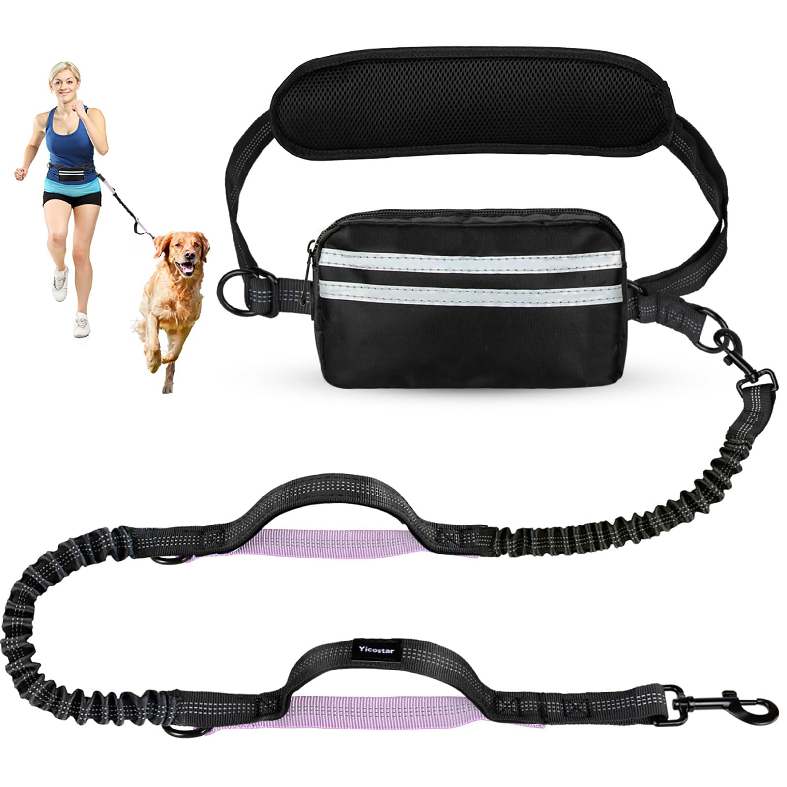 Yicostar Hands Free Dog Leash, Shcok Abosoring Bungee With Double Padded Handles, Waist Leash For Dog Walking, Dog Leash With Bu