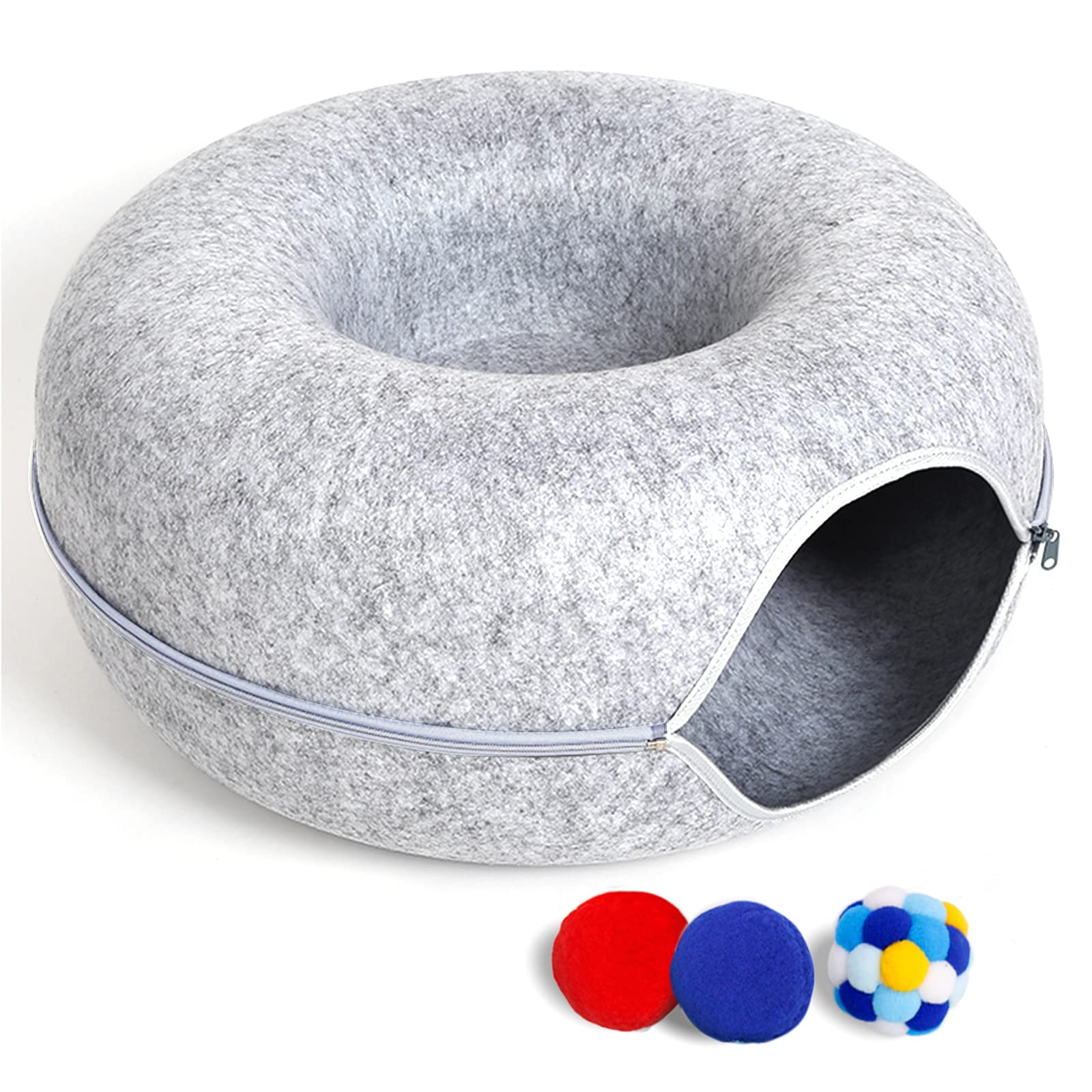 Large Cat Tunnel Bed For Indoor Cats With 3 Toys, Scratch Resistant Donut Cat Bed, Up To 30 Lbs (L 24X24X11, Light Grey)