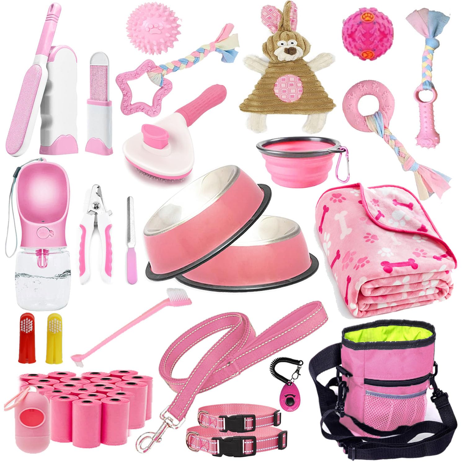 Lobeve Puppy Supplies Starter Kit - 39-Piece Set Of Puppy Essentials And Dog Stuff.Includes Dog Leash, Toys, Bowl, Brushes,And M