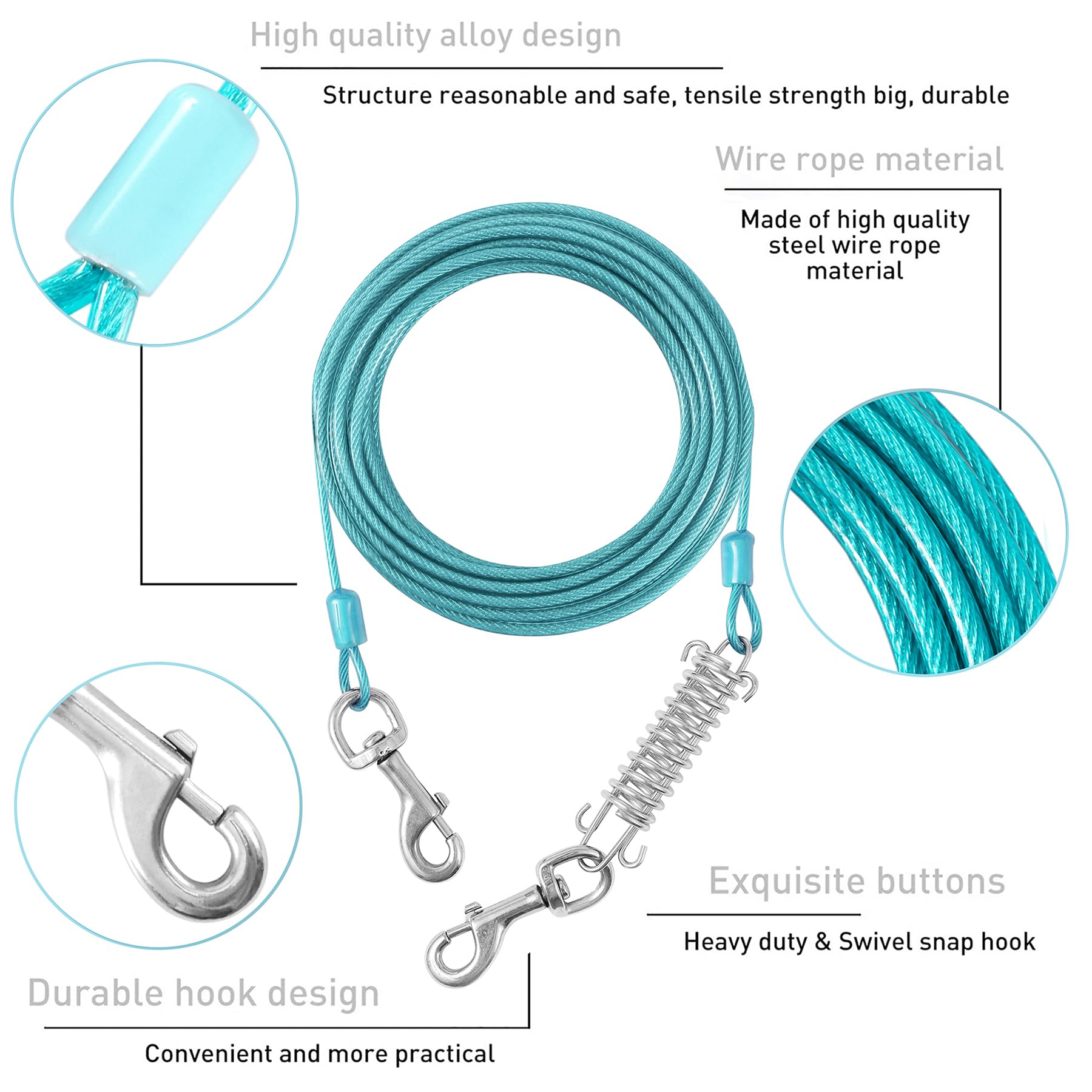 Dog Tie Out Cable And Stake,40Ft Outside Dog Run Cable Leash&Chain With Shock Spring For Camping And Yard, 16'' Heavy Duty Anti