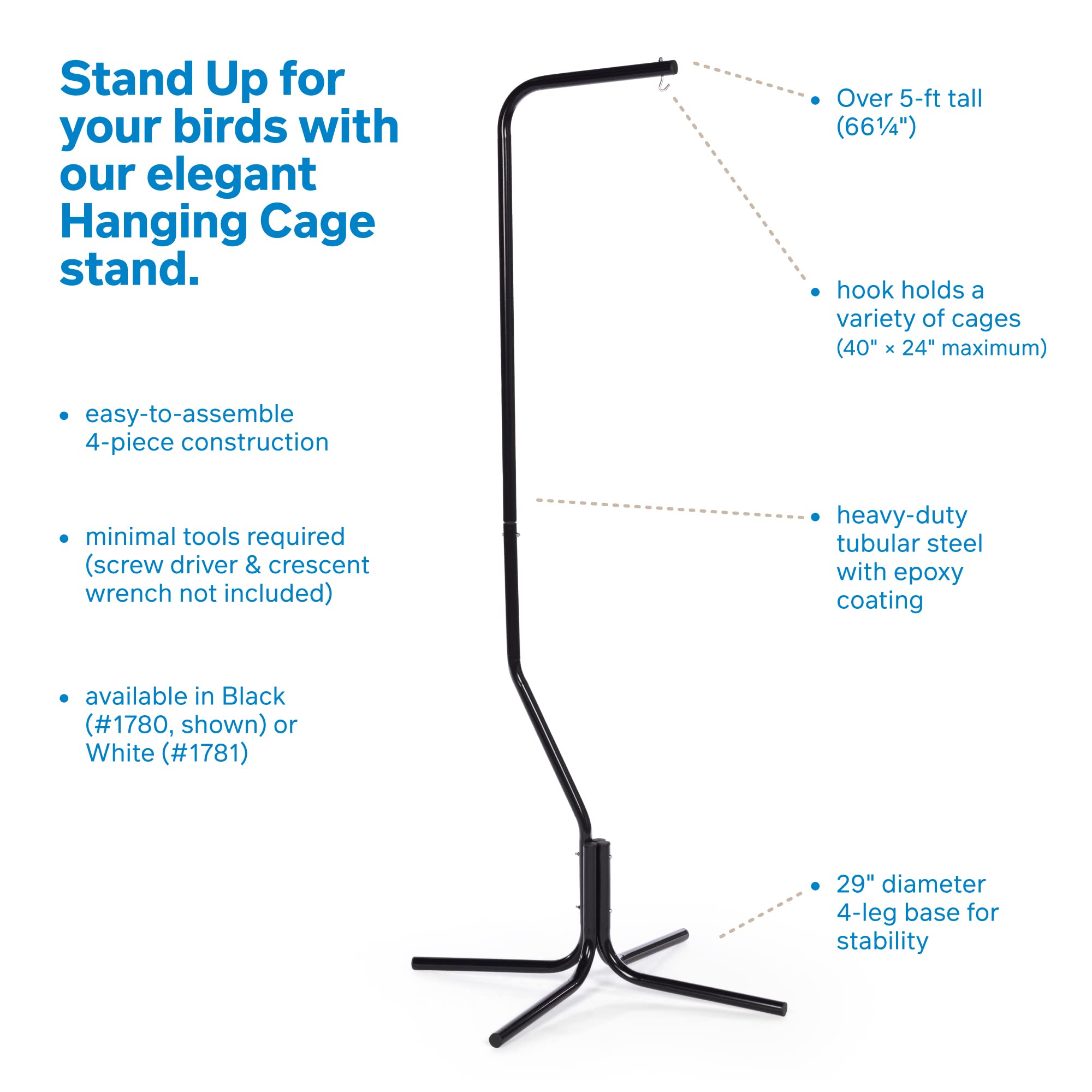 Prevue Hendryx Tubular Steel Hanging Bird Cage Stand 1780 Black, 24-Inch By 24-Inch By 62-Inch