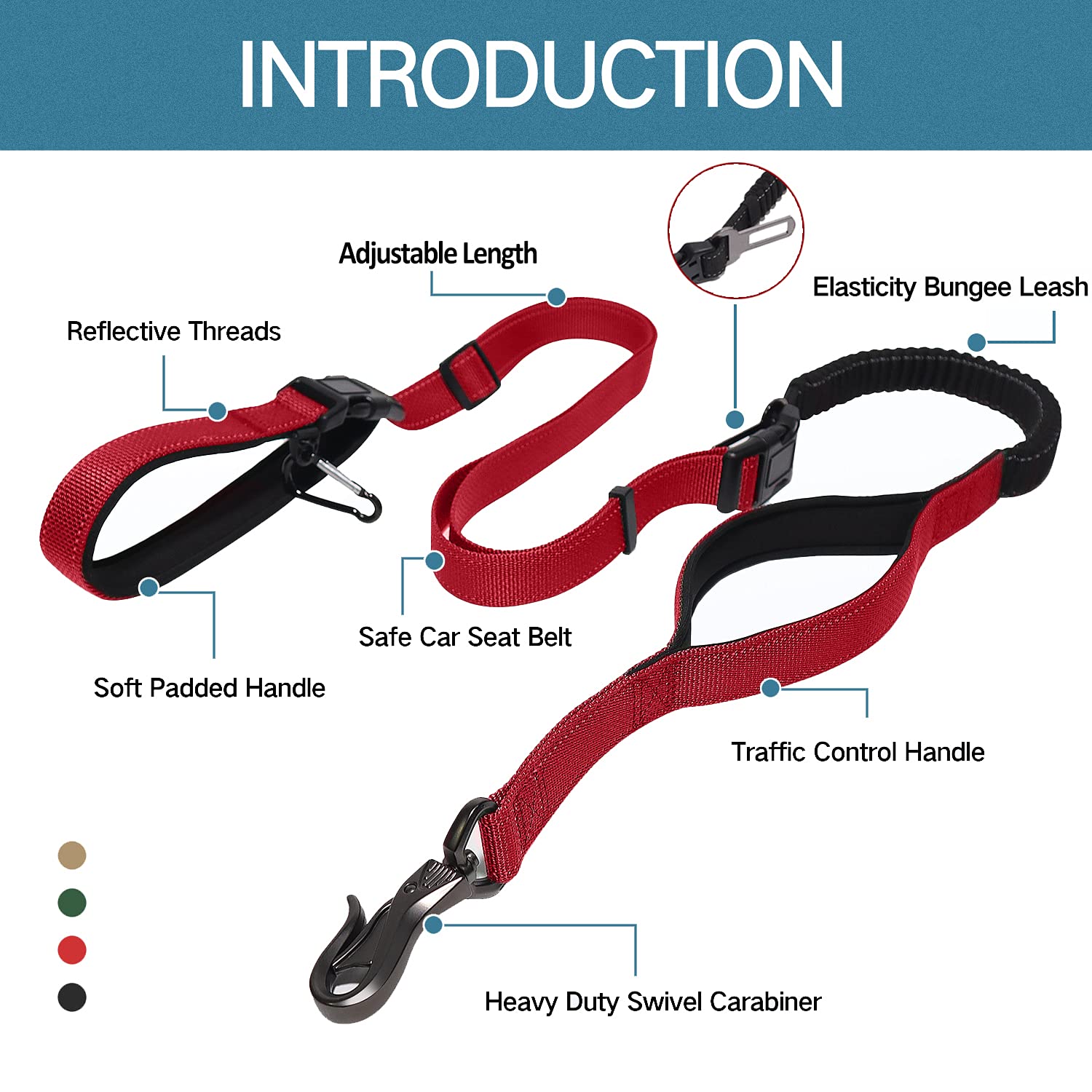 Los Andes Heavy Duty Dog Leash, 5-8 Ft Walking Leash, Traffic Handle Extra Control, Shock Absorbing Bungee Leash With Car Seat Belt Buckle, Reflective Dog Lead For Medium And Large Dogs, Red