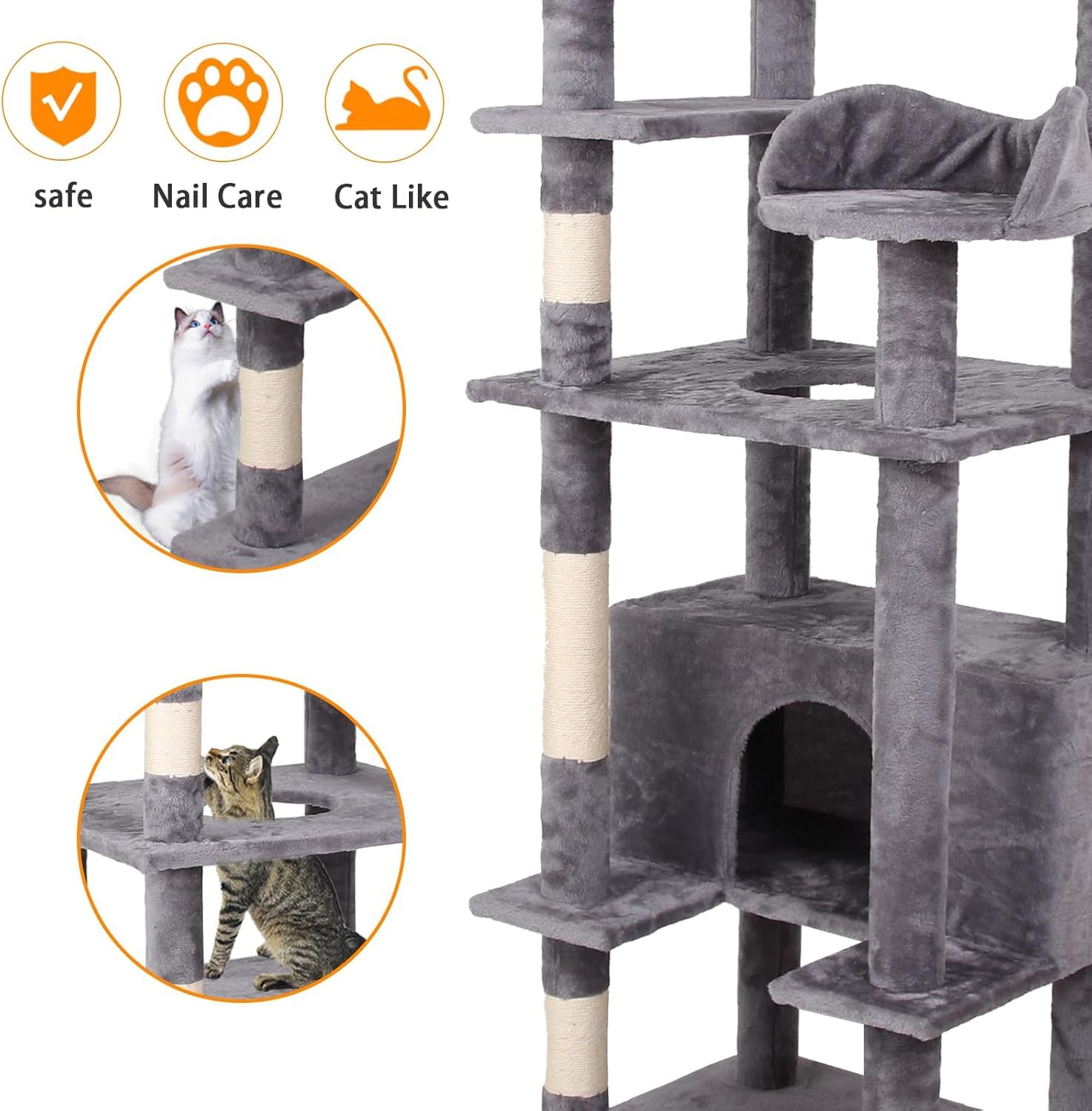 Cat Tree, Tall Cat Tower Condo For Indoor Large Cats, Cat House Furniture With Padded Plush Perch Sisal Scratching Posts