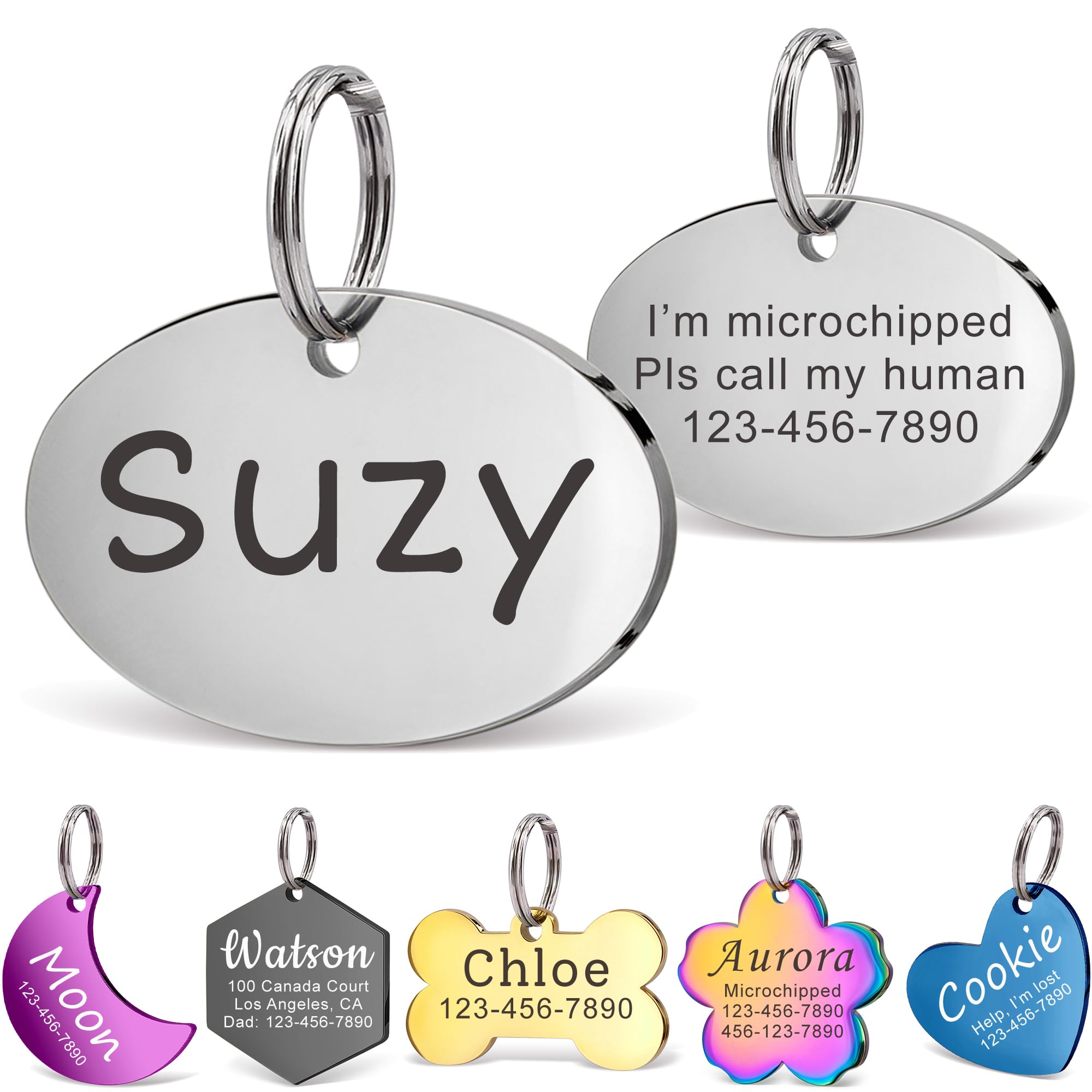 Anavia Personalized Pet Id Tags, Stainless Steel Glossy Laser Engraved Dog Cat Collar Name Tags, Multiple Colors Shapes Sizes (O