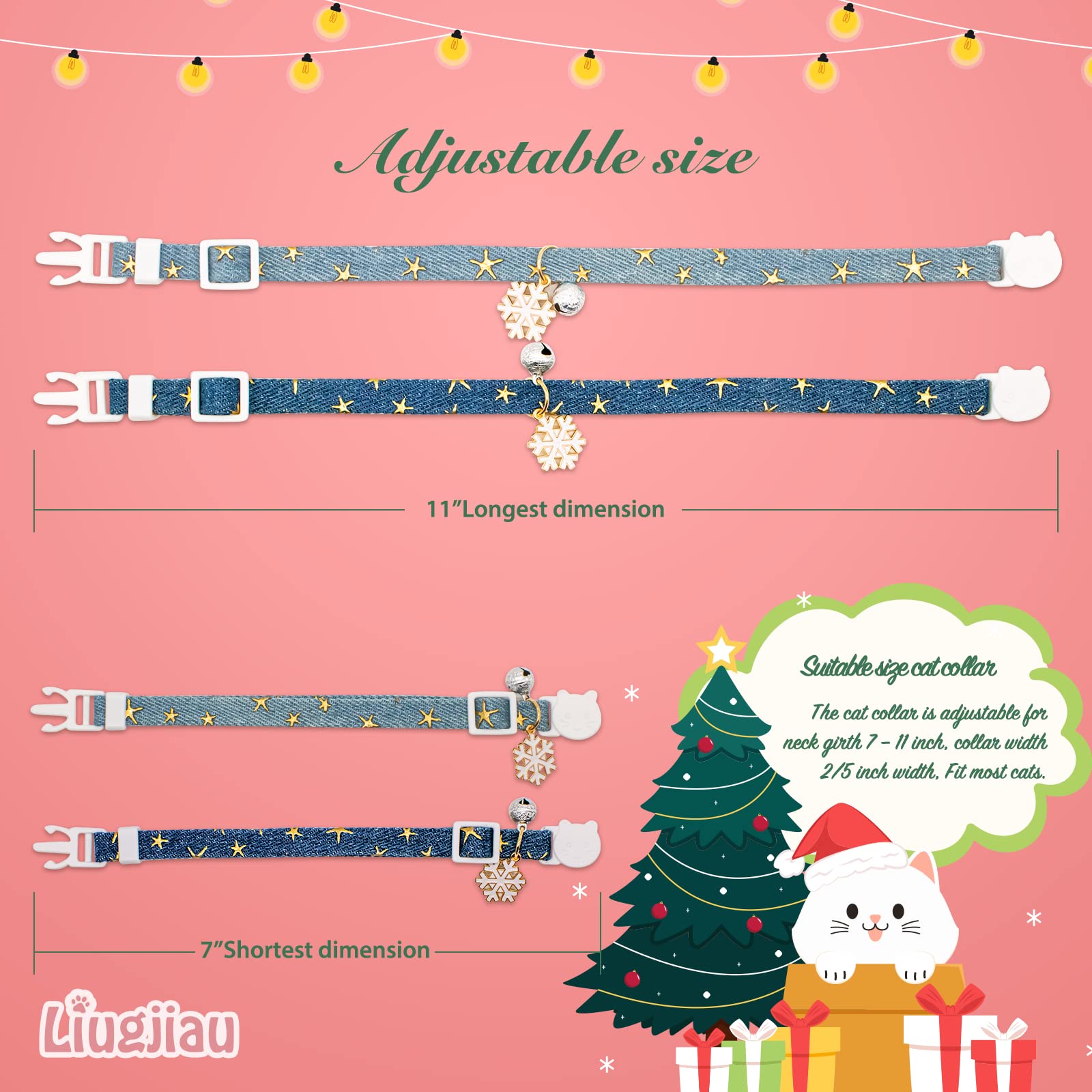 2 Pack Cotton Breakaway Cat Collar With Bell,Dark Blue & Light Blue White Snowflake Pendant Cute Cat Collar Kitten Collar,Ideal