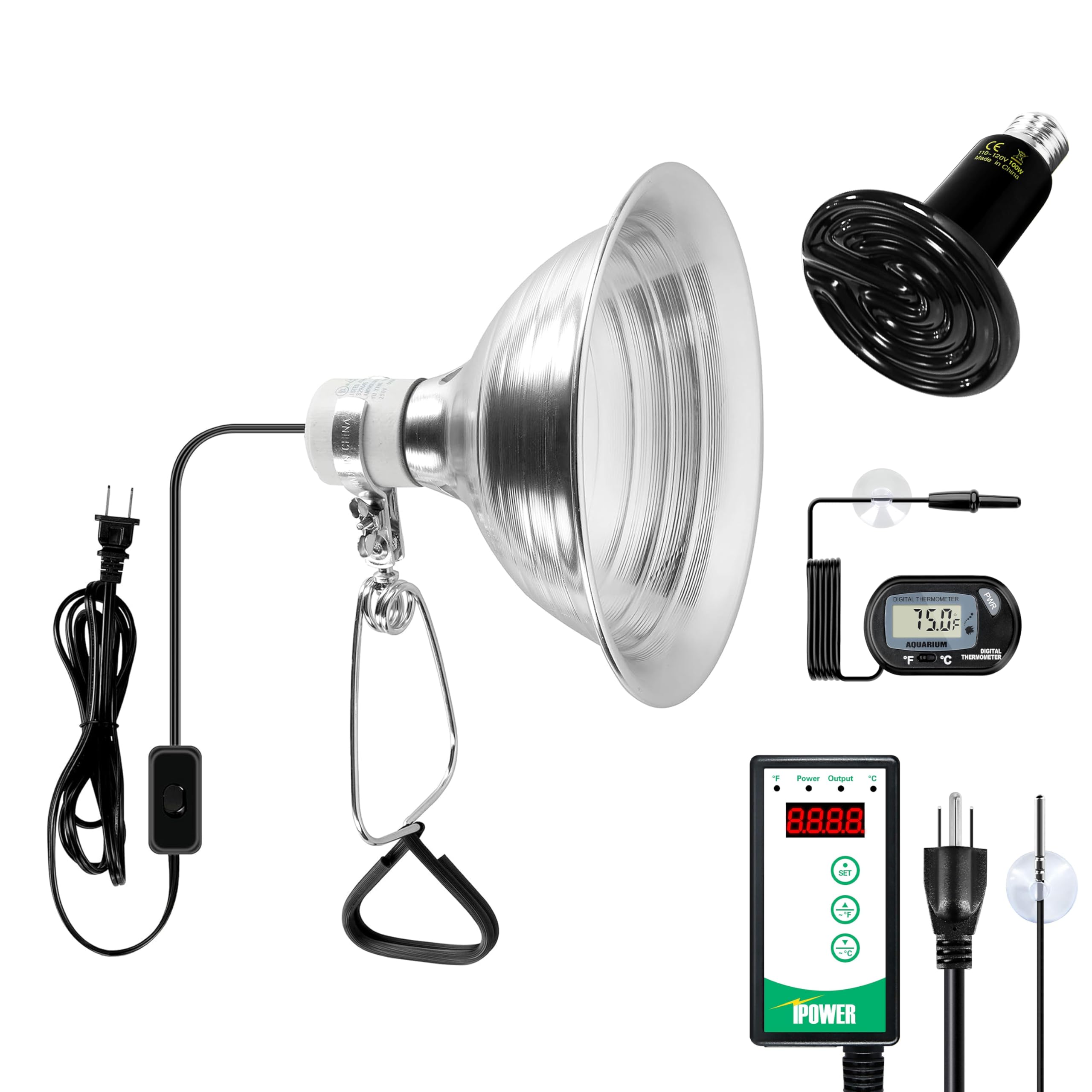 Simple Deluxe 100W Reptile Heat Bulb and 8.5 inch Clamp Light, 40-108? Digital Thermostat Controller and Thermometer Included, f