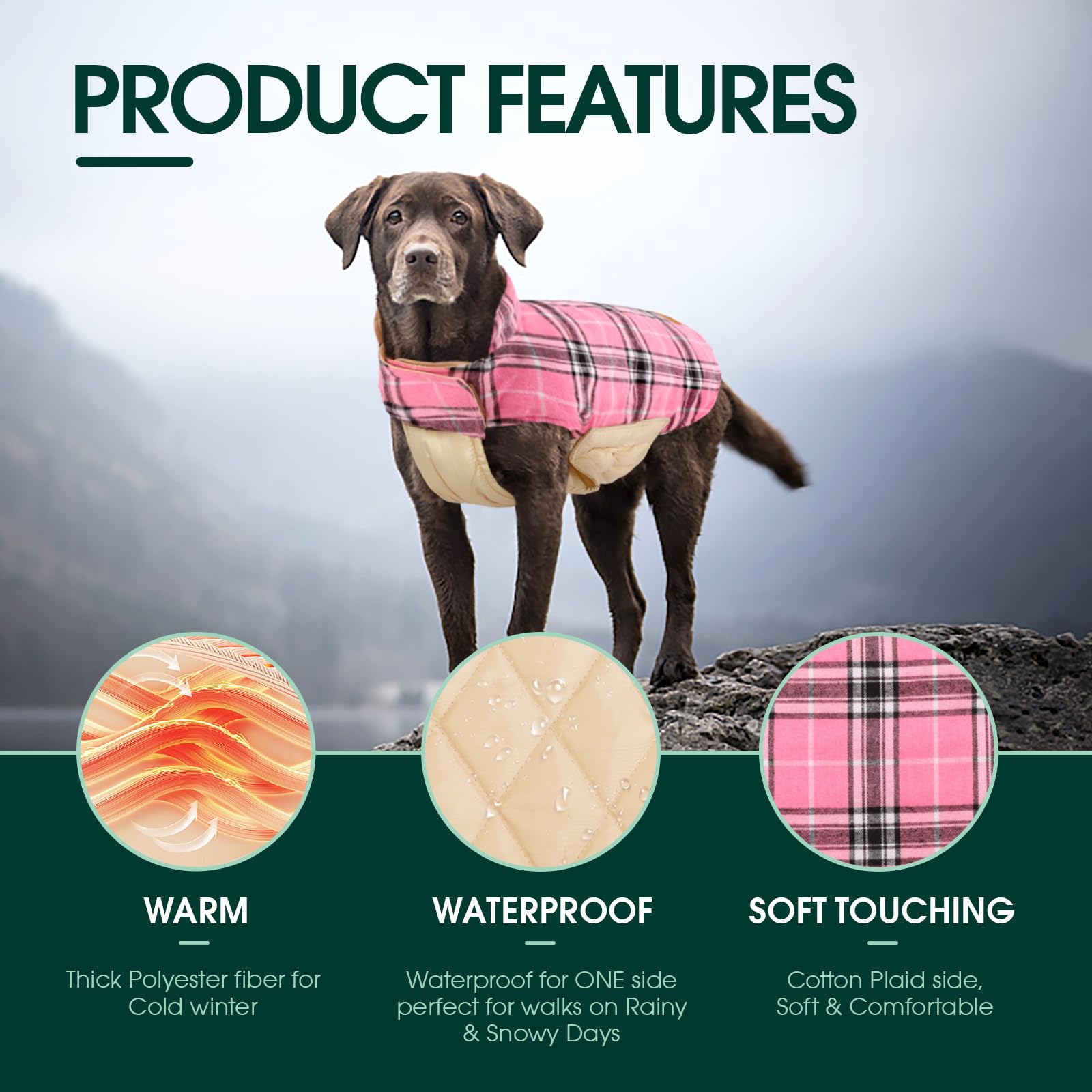 Kuoser Reversible Dog Coat, Waterproof Winter Jacket, 2X-Large, Pink, Plaid Style for Small Medium Large Dogs