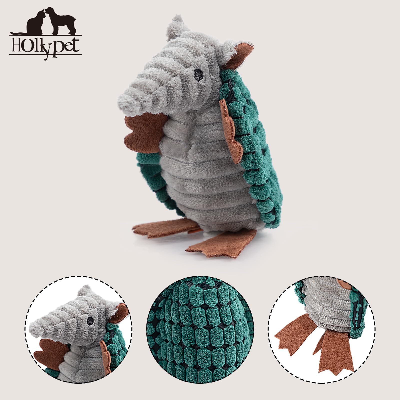 Hollypet Plush Dog Squeaky Toy Stuffed Armadillo Animal Pet Puppy Chew Toys With Clean Teeth For Small Medium Large All Breed Si