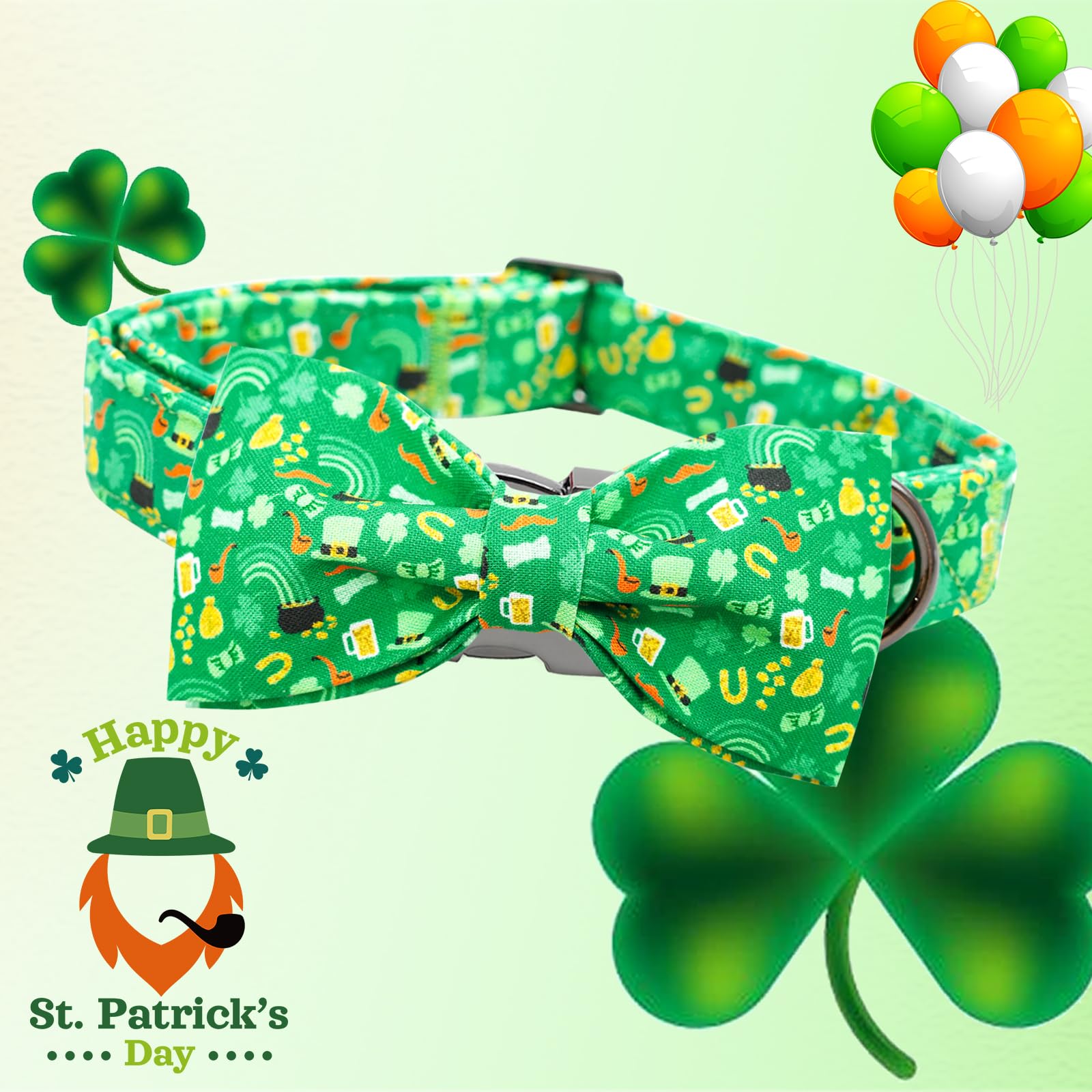 Lionheart Glory Dog Bow Collar St. Patrick'S Day Dog Collar For Medium Dogs, Adjustable Green Collars Lucky Clover Shamrock Dog