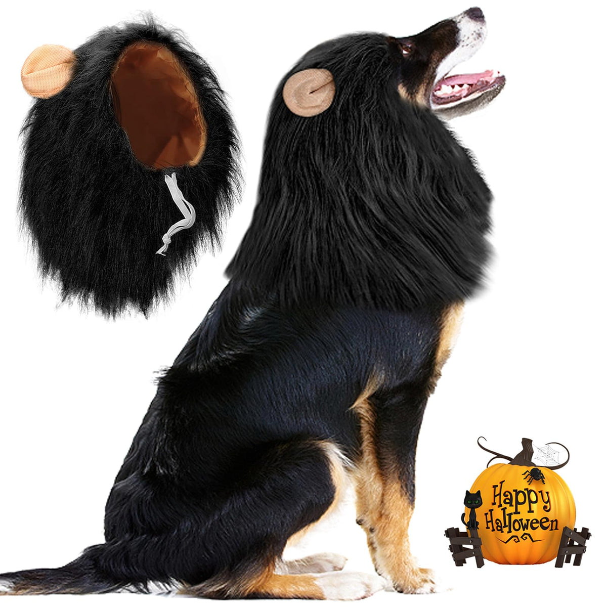 Vivifying Lion Mane (Black) For Medium & Large Dogs - Adjustable Pet Costume With Faux Fur, 13.77In X 14.5In, Up To 27.55In Neck Girth, Halloween Dog Accessory