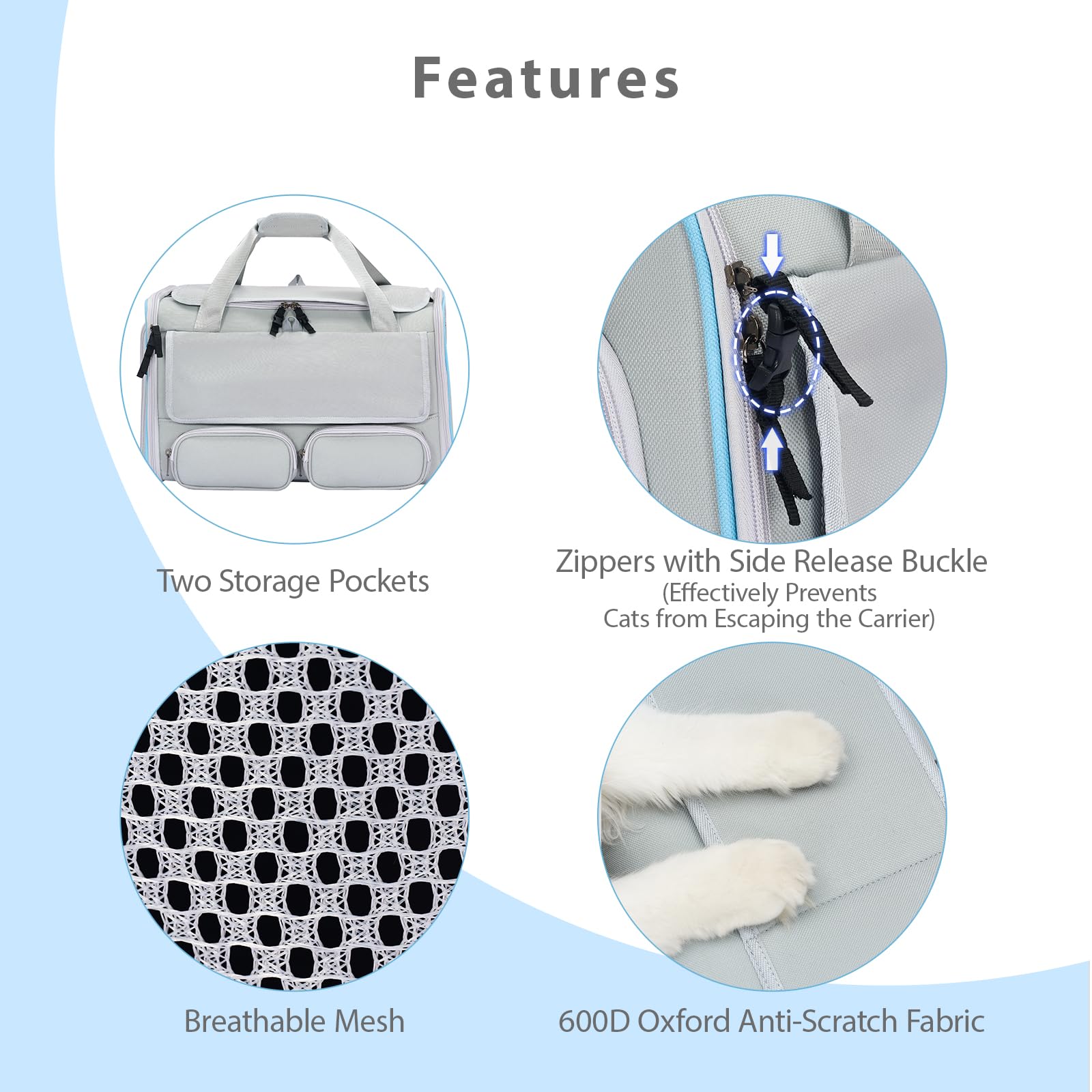 Cat, Dog Carrier For Pets Up To 20 Lbs, Soft-Sided Collapsible Pet Carrier With Upgraded Sturdy Base, Roll-Up Curtain And 2 Stor