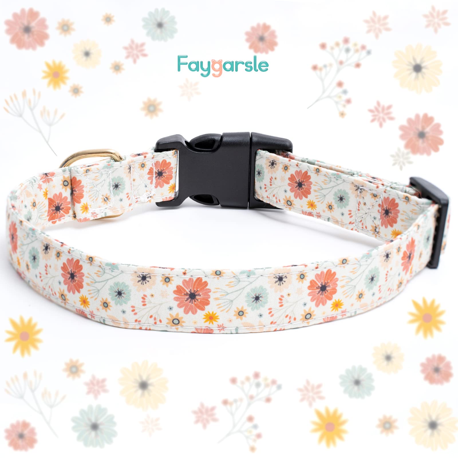 Faygarsle Cotton Designer Dog Collar with Flower Charms, Size S, Beige for Small to Large Dogs