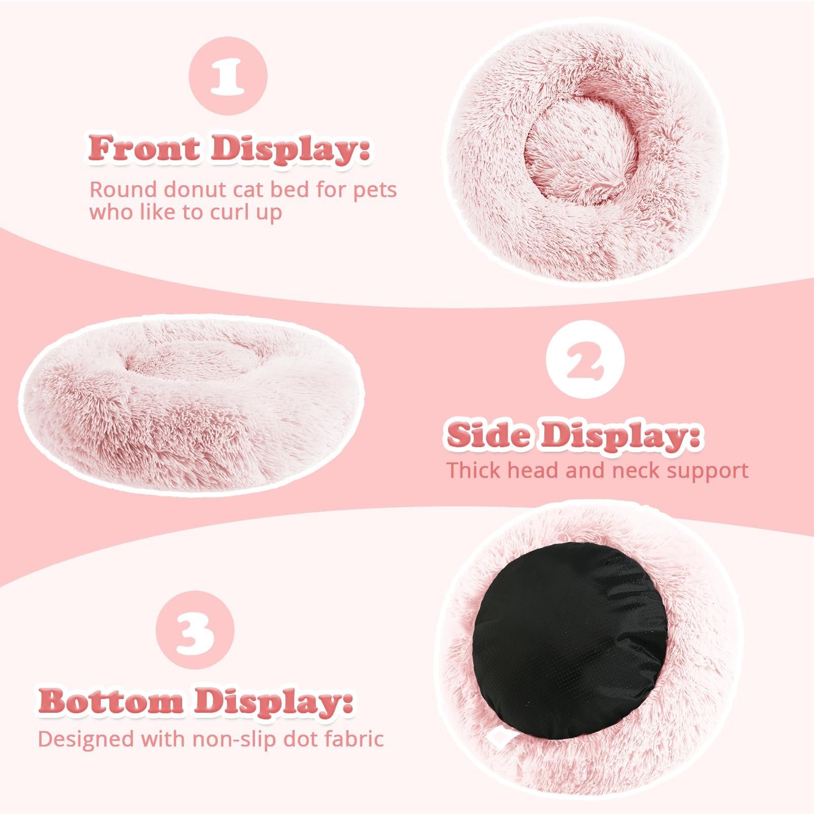 Jollyvogue Calming Donut Dog Bed & Cat Bed, Anti-Anxiety Washable Dog Round Bed, Fluffy Faux Fur Plush Dog Cuddler Bed, Warming