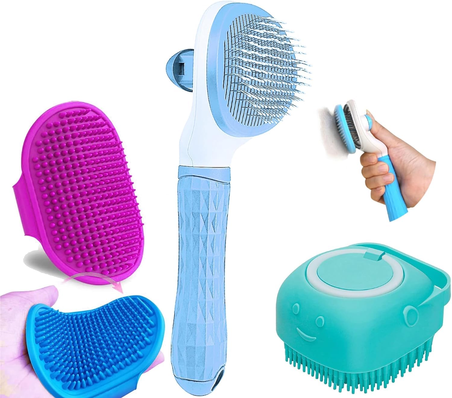 PSK PET MART Pet Grooming Combo Self Cleaning Oval Slicker, Soothing Bath Brush with Shampoo Dispenser for Long Short Haired Sho