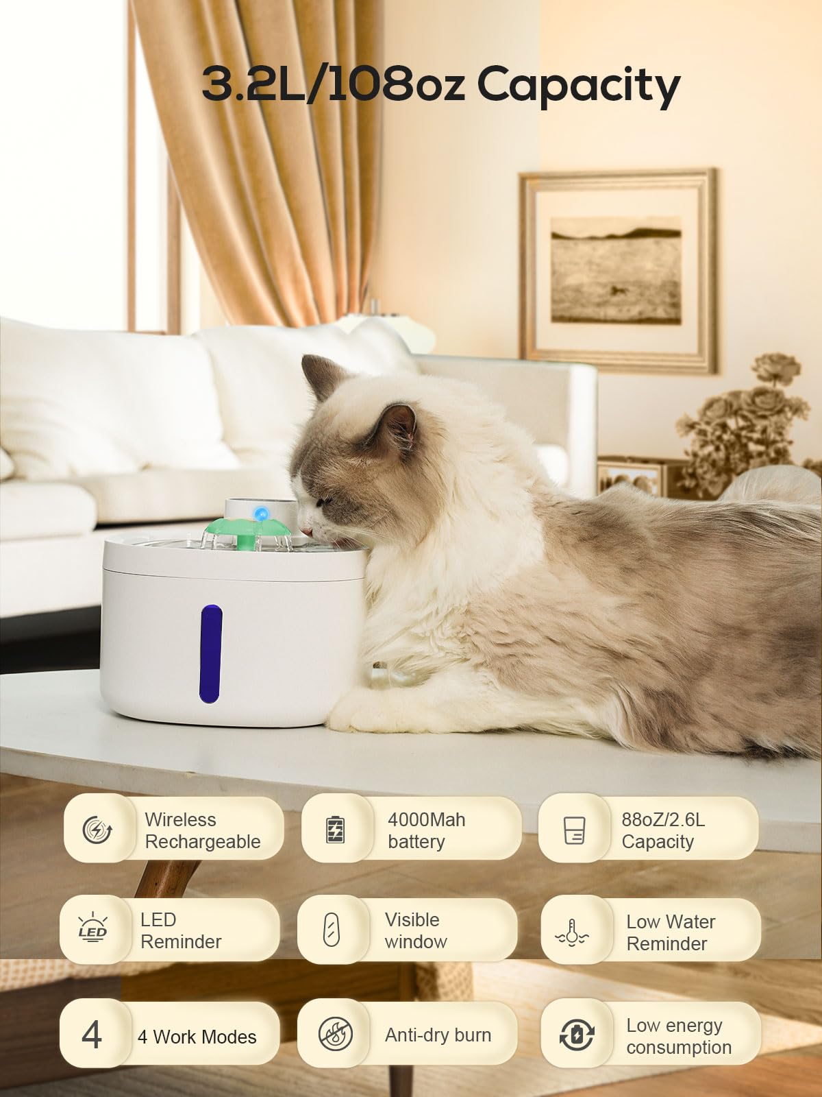 Aileway Battery Operated Cat Water Fountain, Cordless Cat Water Fountain Stainless Steel Abs 88Oz 2.6L Automatic Wireless Pet Dr