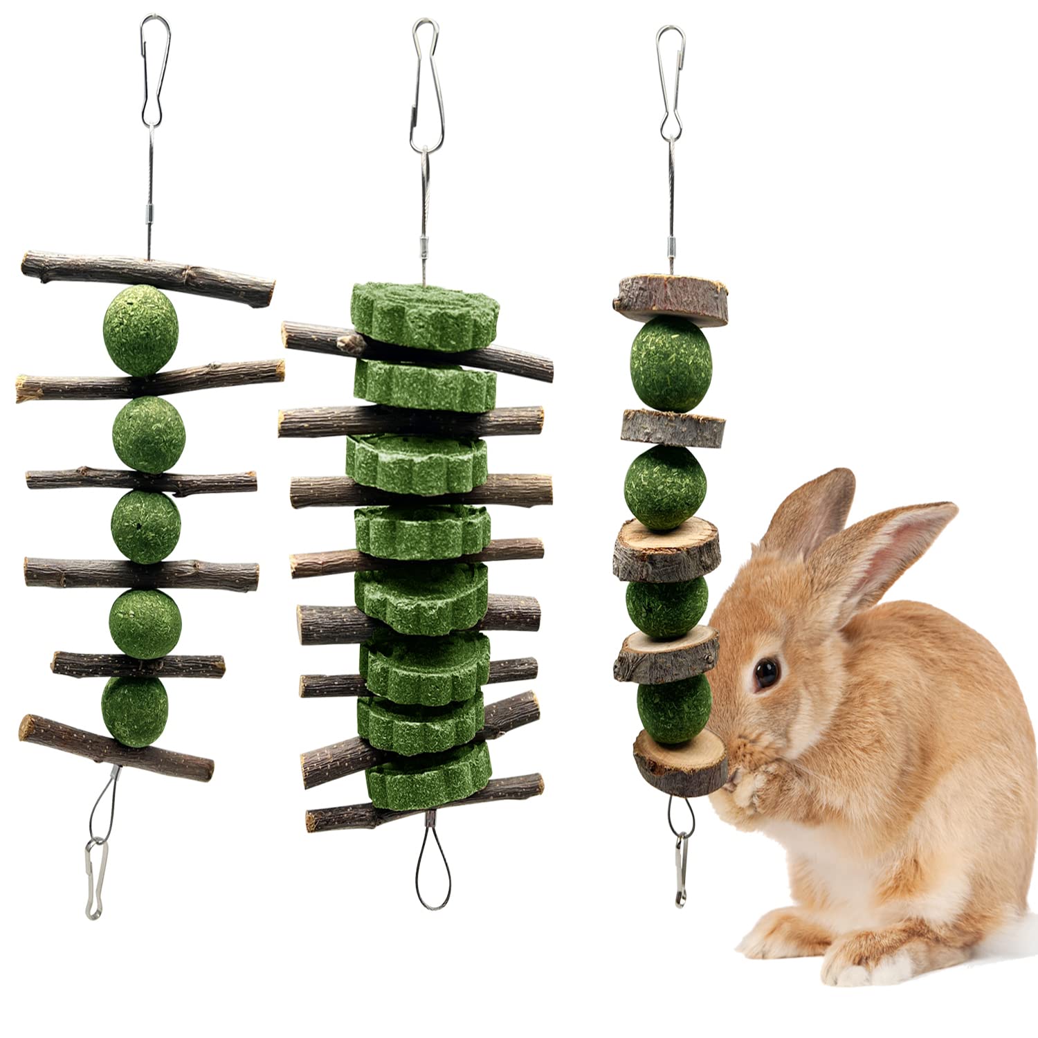 3 Pcs Bunny Teeth Grinding Chew Toys, Apple Branch Chewing Sticks With Grass Ball And Grass Cake For Rabbits Bunnies Hamsters Gu