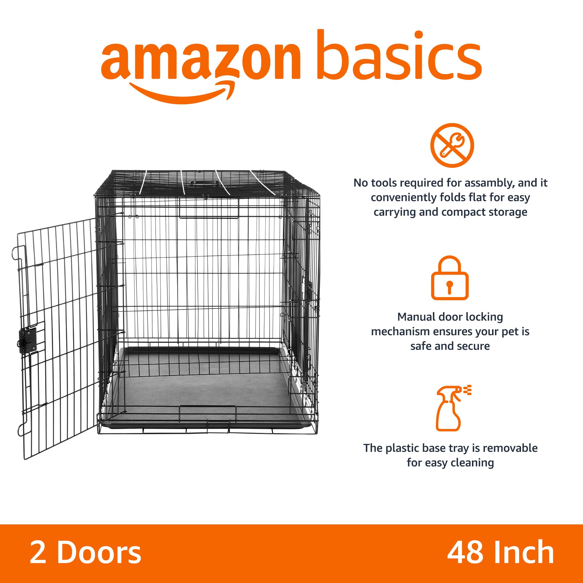 Amazon Basics Foldable Metal Wire Dog Crate, Double Door, 48"x30"x32.5", Black, Model 9001N-48B