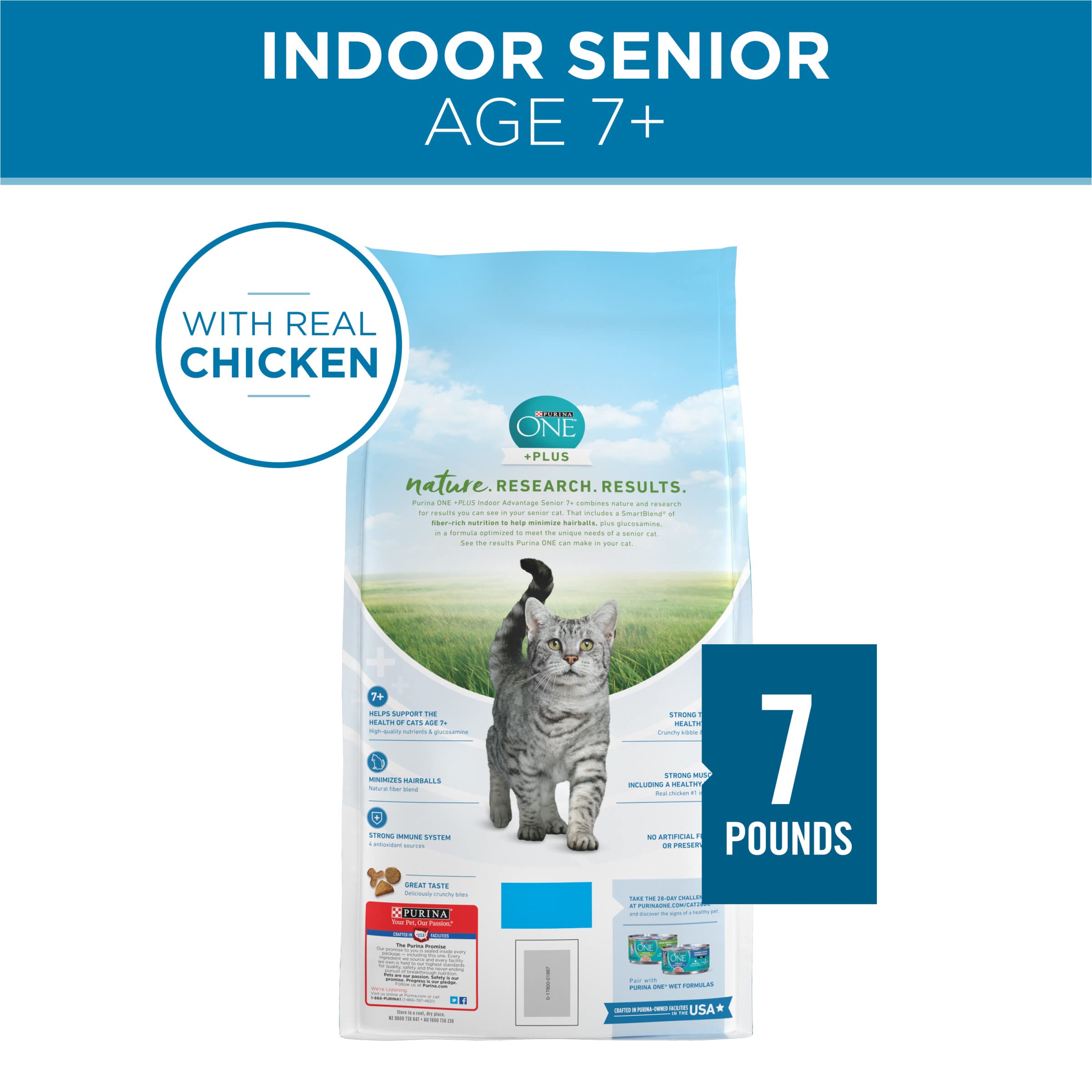 Purina ONE High Protein, Natural Senior Dry Cat Food, Indoor Advantage Senior+ - 7 Lb. Bag