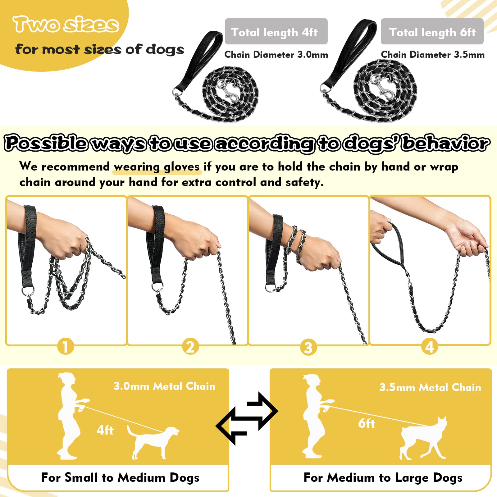 Chain Dog Leash Chew Proof, Metal Chain And Nylon Rope Pet Dog Leash With Padded Handle, Heavy Duty Chain Leashes For Medium Large Dogs, Steel Long Lead Leash For Dog Training, Walking, Running