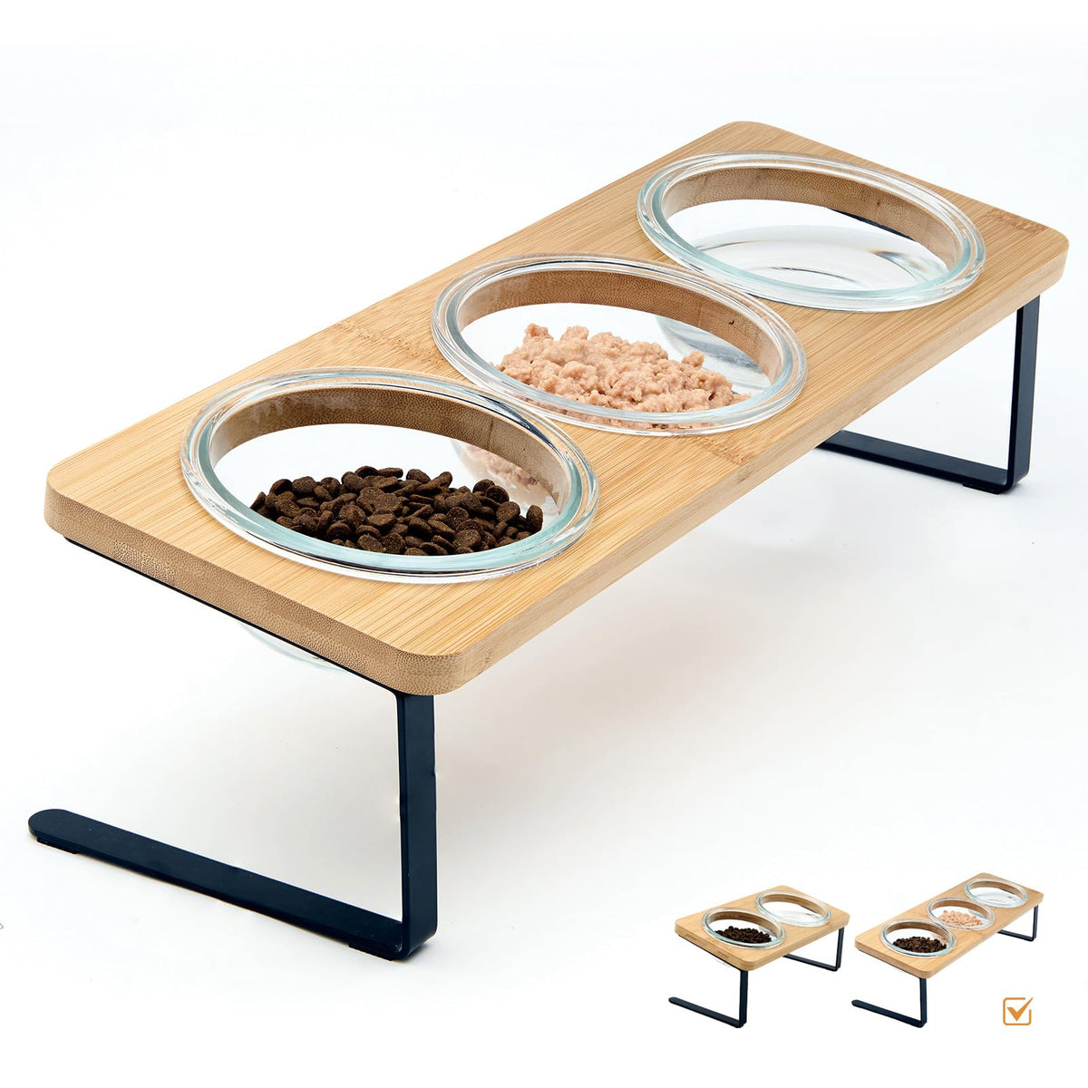 Lawfery Elevated Cat Bowls, 15 Tilted Cat Food Bowl, Includes 3 Glass Bowls, Bamboo Board, And Metal Stand For Cats And Puppies