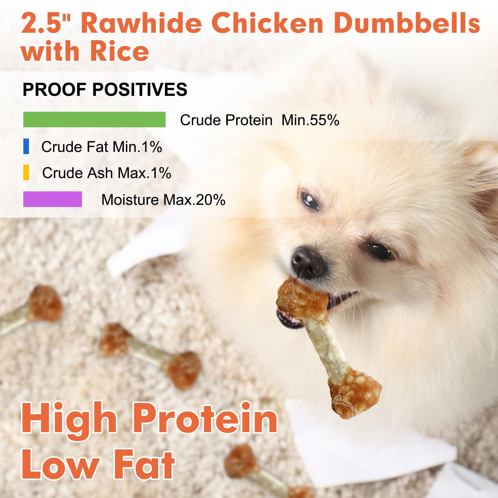 MON2SUN Dog Treats, 9oz Mini Rawhide Chews, Chicken Dumbbells with Rice for Small Dogs & Toy Breed, Crunchy and Healthy (2.5 Inc