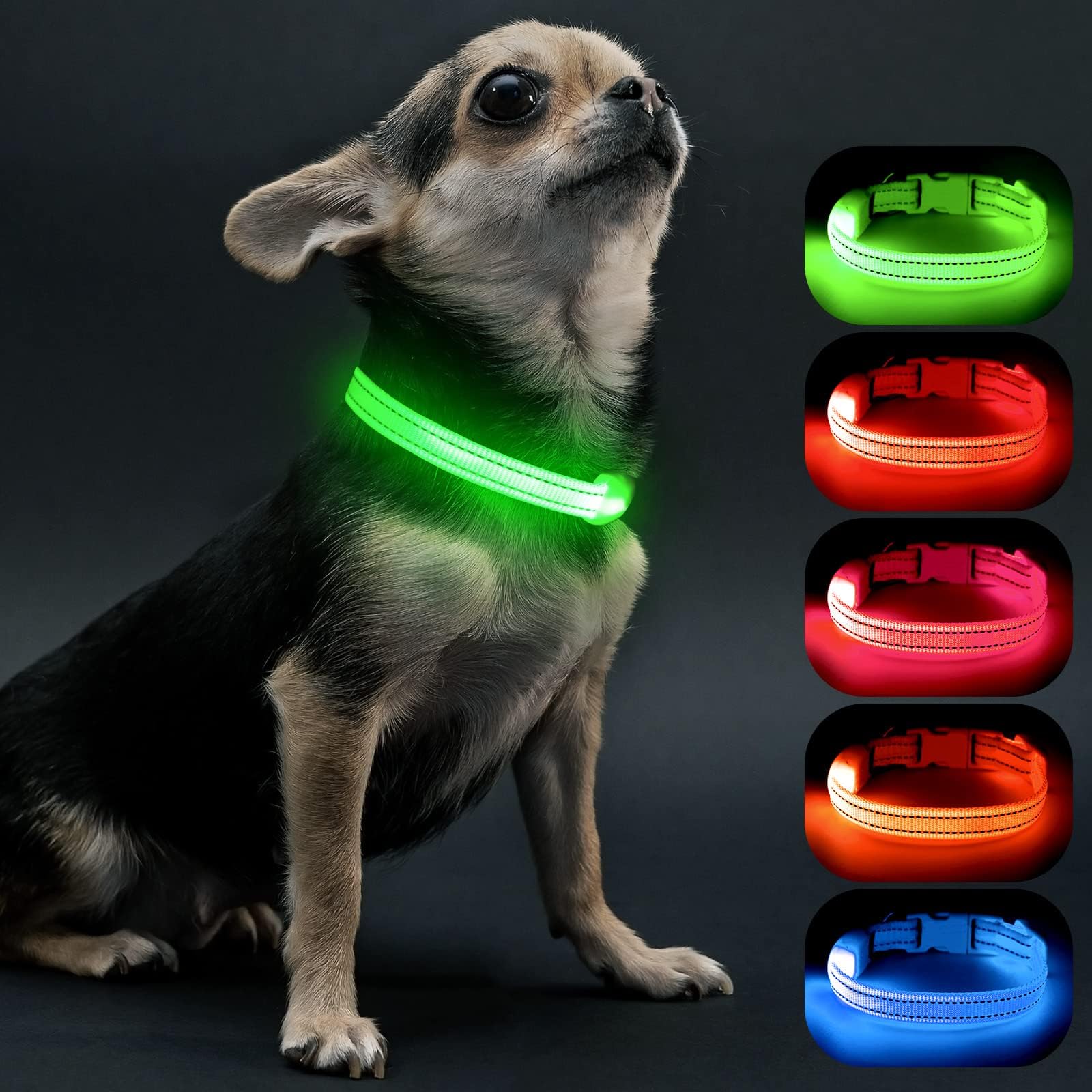 Visinite Light Up Dog Collars For Small Dogs,Led Dog Collar Light Rechargeable,Fully Adjustable Lighted Dog Collar,Glow In The Dark Dog Collars With Dog Lights For Night Walking,Green