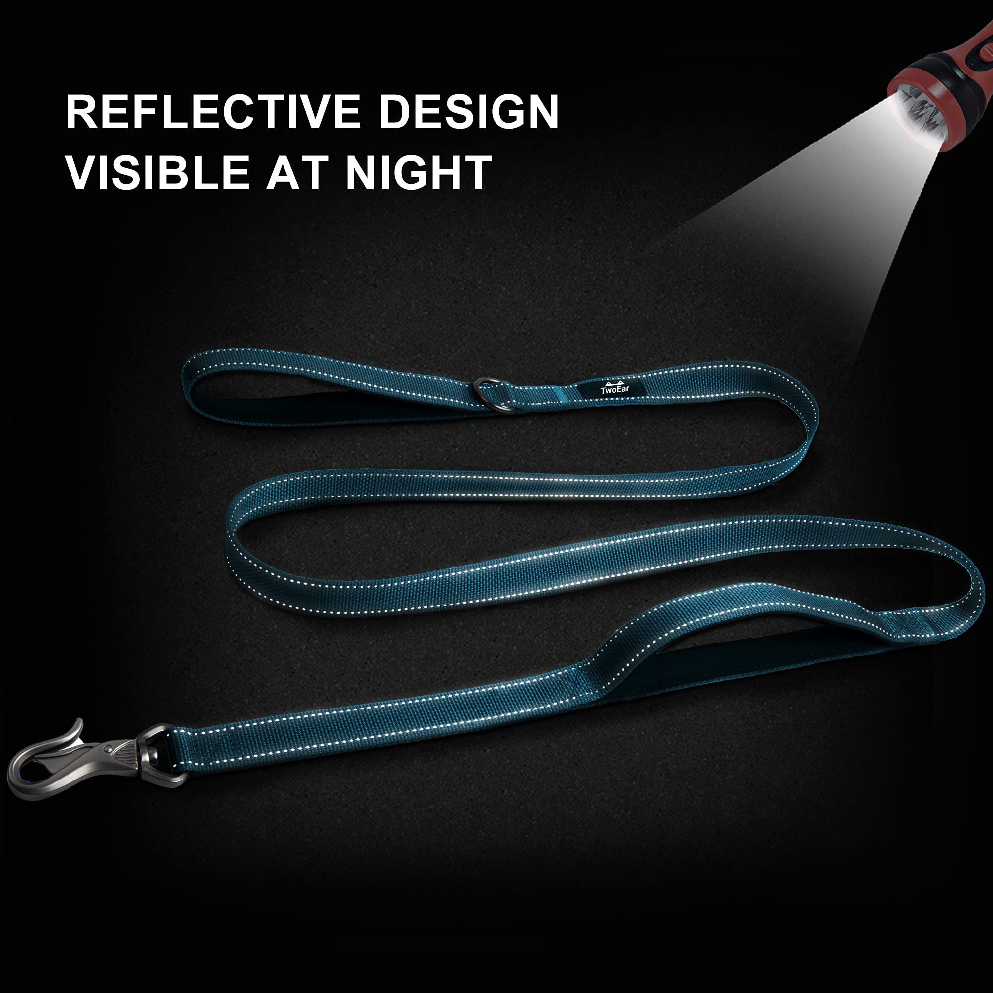 Twoear 5Ft 1In Strong Blue Dog Leash With 2 Padded Handles, Traffic Handle Extra Control, Comfortable Soft Dual Handle, Auto Lock Hook, Reflective Walking Lead For Small Medium And Large Dogs
