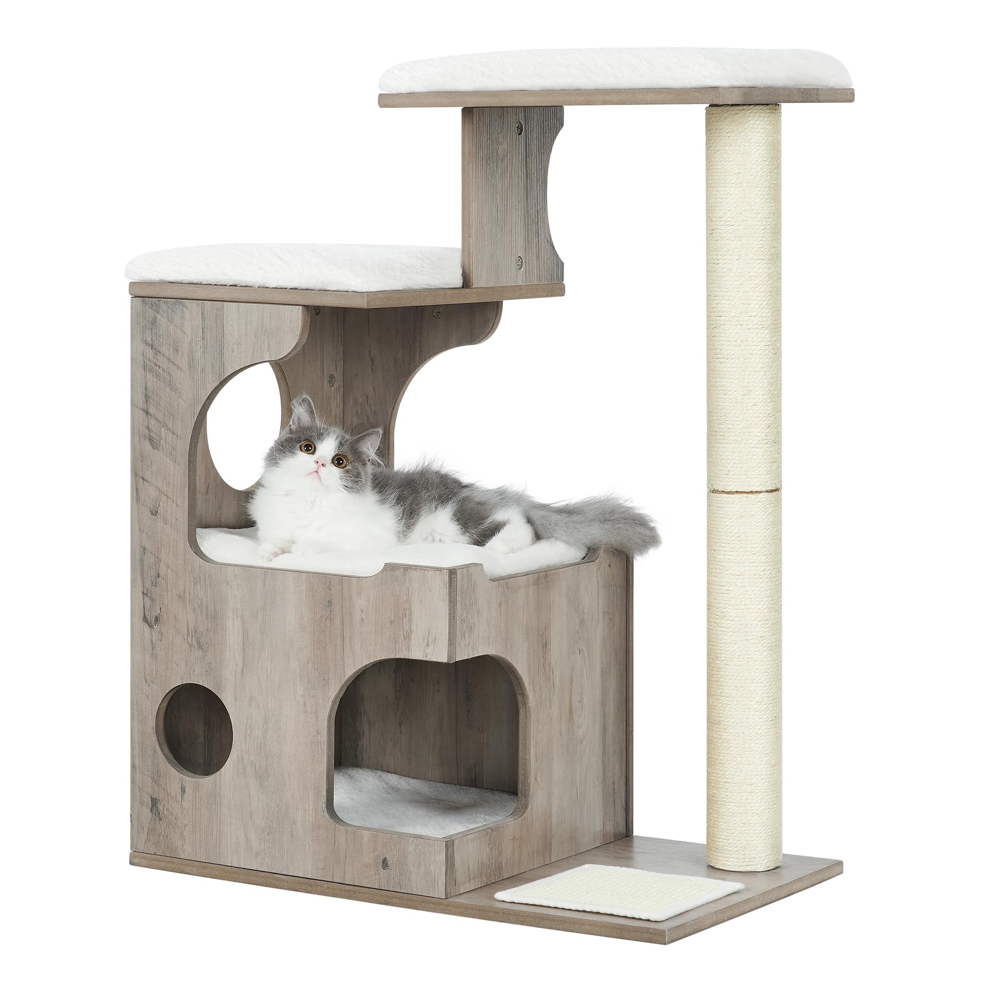 Feandrea WoodyWonders Cat Tree, 33.8-Inch Modern Cat Tower, Cat Condo with 3 Perches, Scratching Post and Mat, Cave, 4 Removable