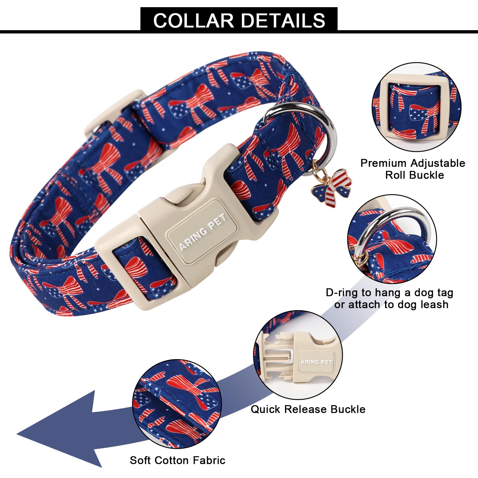 Aring Pet 4Th Of July Dog Collar-Cute Bow Patriotic Dog Collars, Adjustable American Flag Pet Collars Puppy Collar With Quick Re