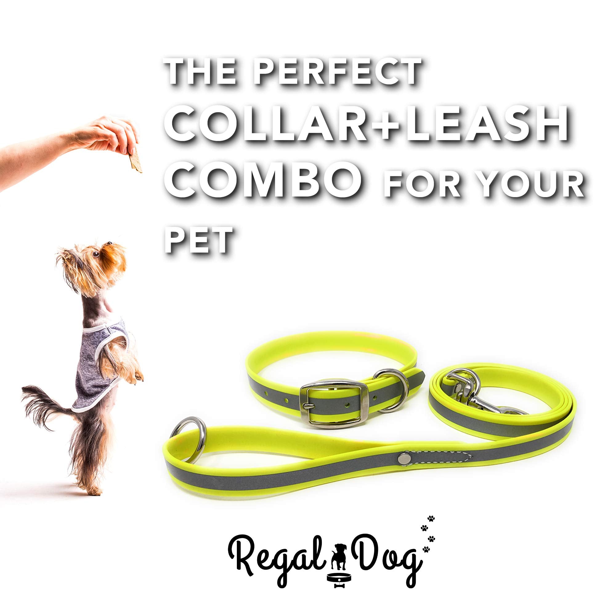 Regal Dog Products Medium Yellow Reflective Dog Collar And Leash Set - Waterproof Biothane Dog Collar With Heavy Duty Double Buc