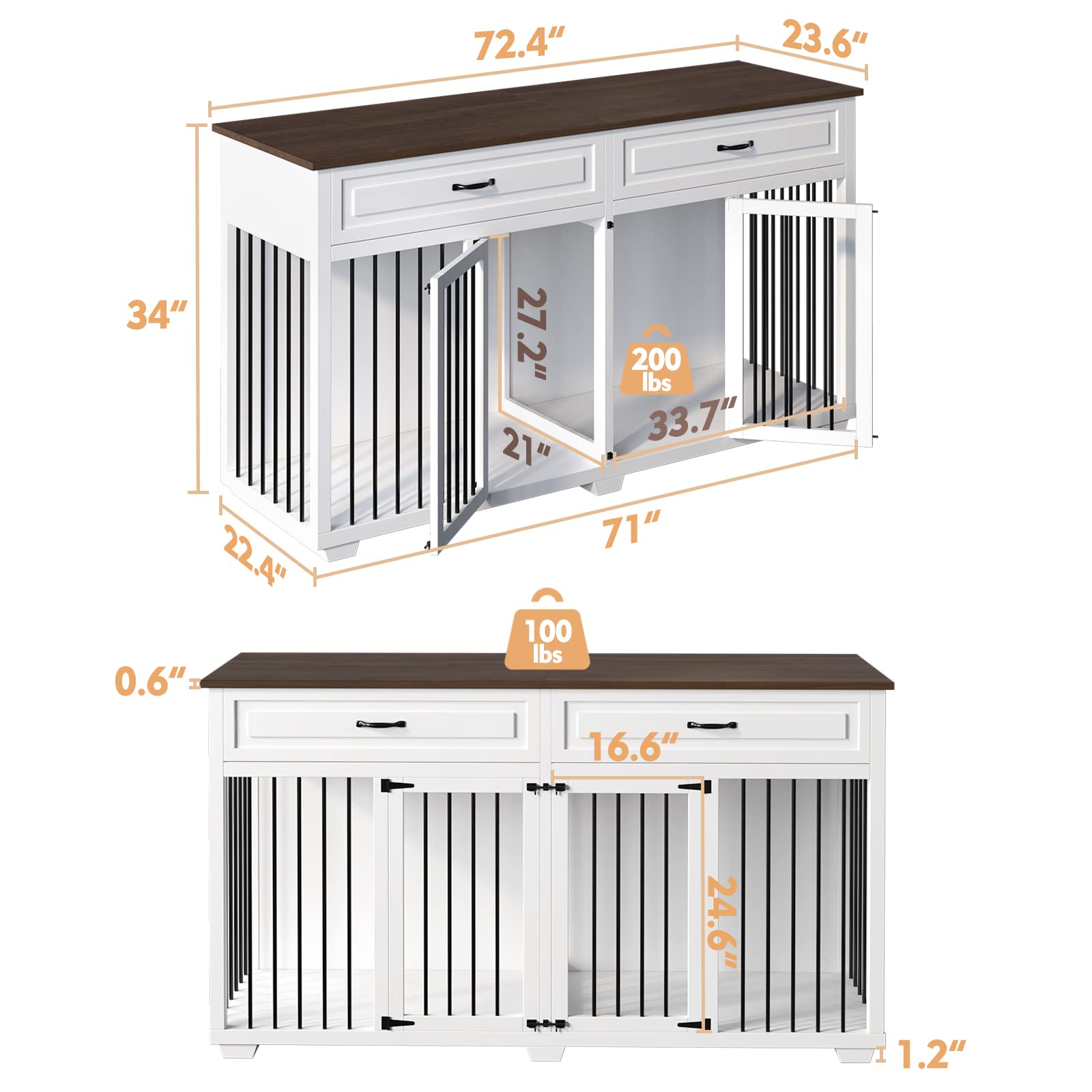 PIAOMTIEE Dog Crate Furniture, 72.4 Inch Wooden Indoor Dog Kennel Cage House, Modern Decorative End Table with Double Rooms, 2 D