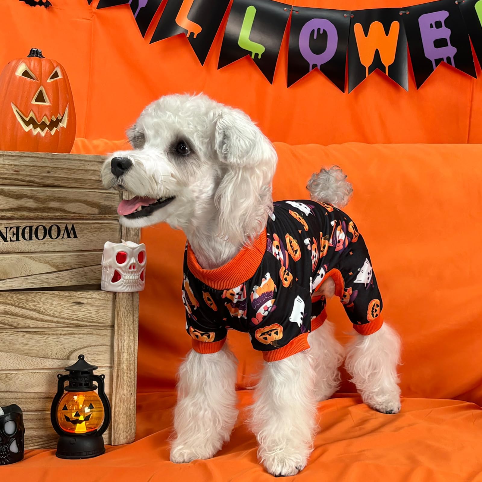 Xpudac Dog Halloween Pajamas For Small Medium Dogs Pumpkin Costume Soft Puppy Clothes Pet Outfit Doggy Jumpsuits,Medium