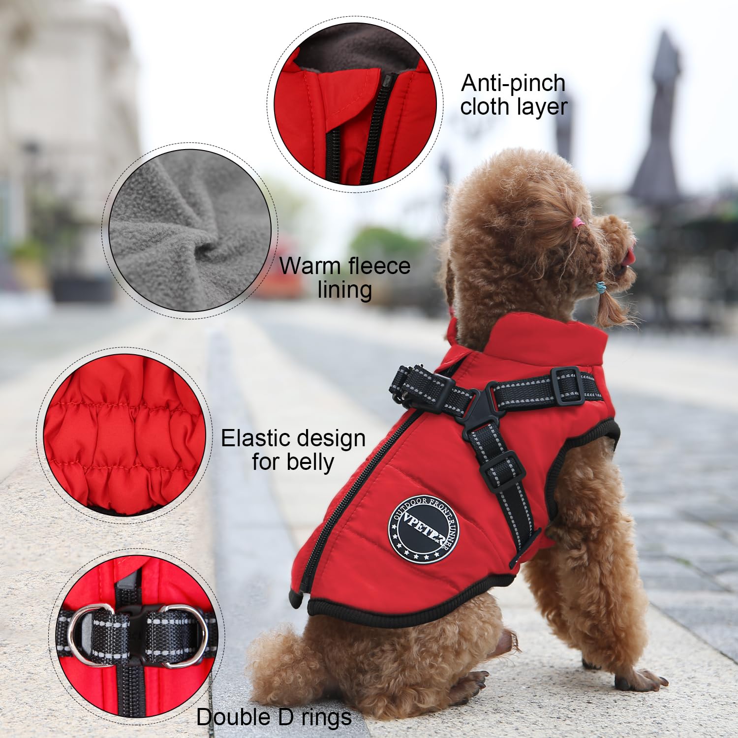 V.Pet.B.R Dog Winter Coat, Warm Padded Fleece Vest With Built-In Harness, Waterproof Windproof Reflective Cozy Snow Pet Coat Clo