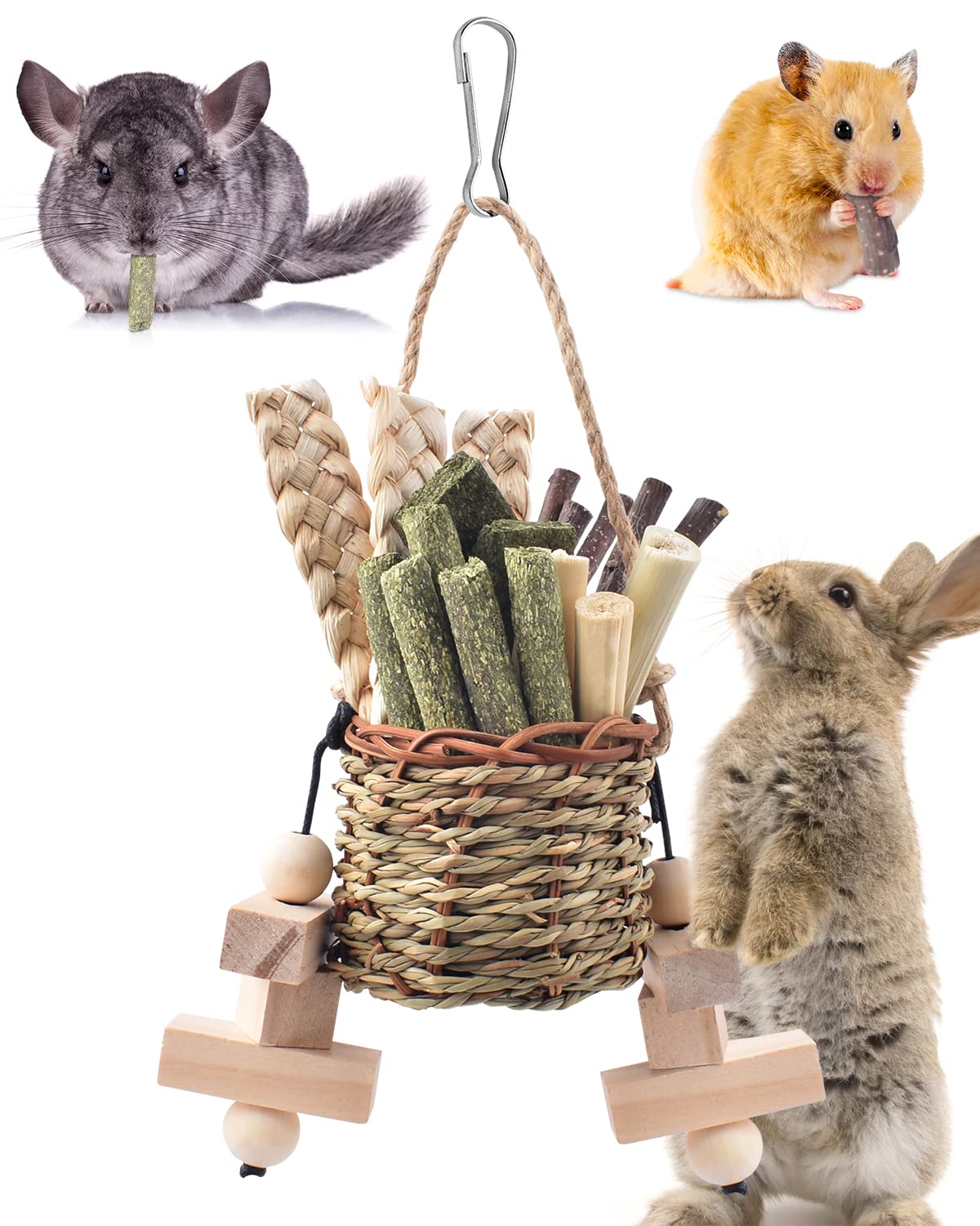 Bissap Rabbit Chew Toys, Natural Seagrass Hanging Basket Chews Water Plant Woven Bunny Chewing Treats for Guinea Pigs Chinchilla