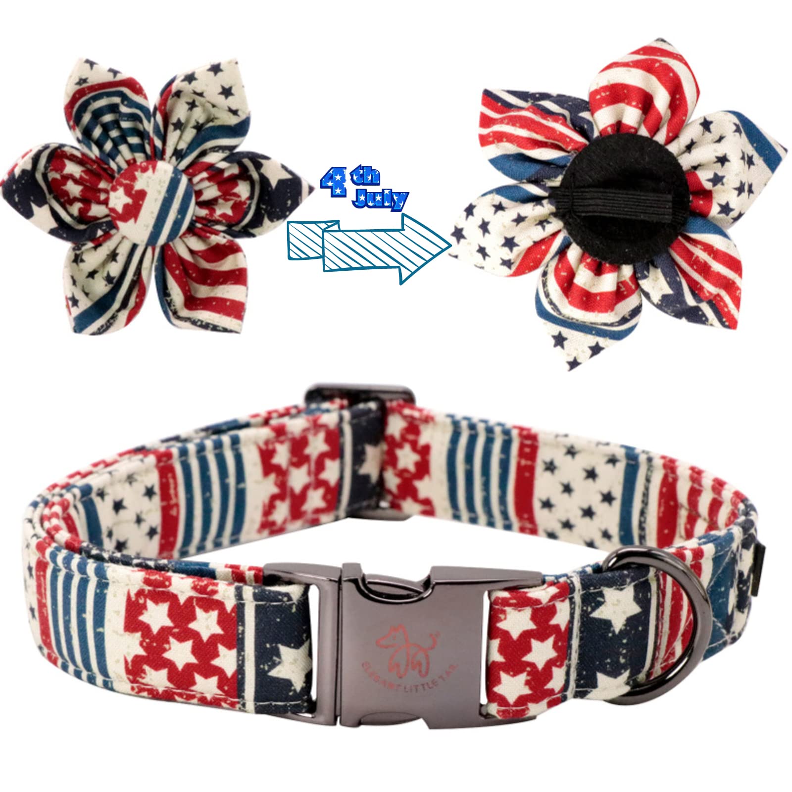 Elegant Little Tail Us Flag Dog Collar, Cute Detachable Dog Collar With Flower, Gift Pet Collar Adjustable Dog Collar For Large
