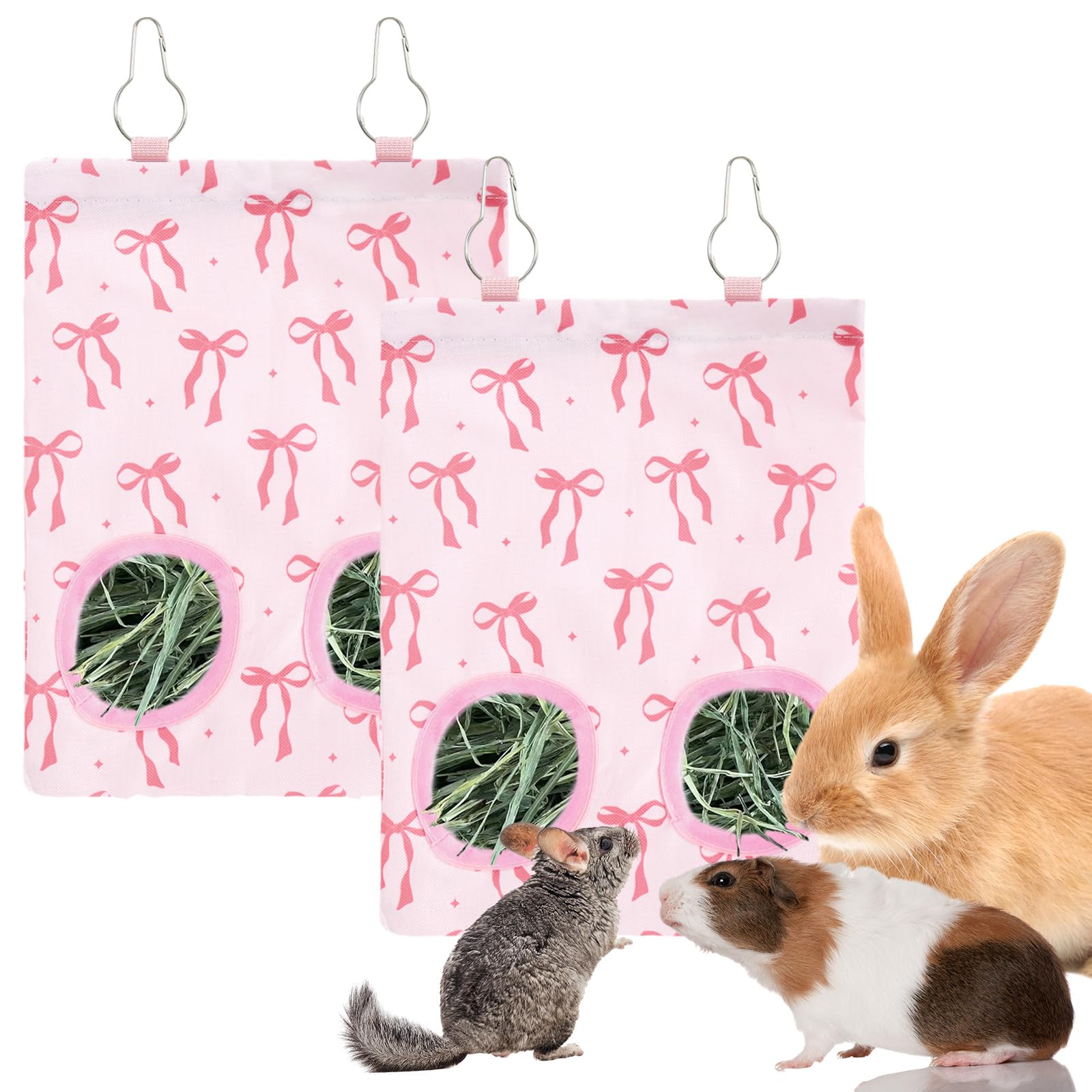 JarThenaAMCS 2Pcs Rabbit Hay Feeder Bag with 2 Holes Pink Bow Guinea Pig Hanging Hay Feeding Bag Storage Dispenser for Chinchill