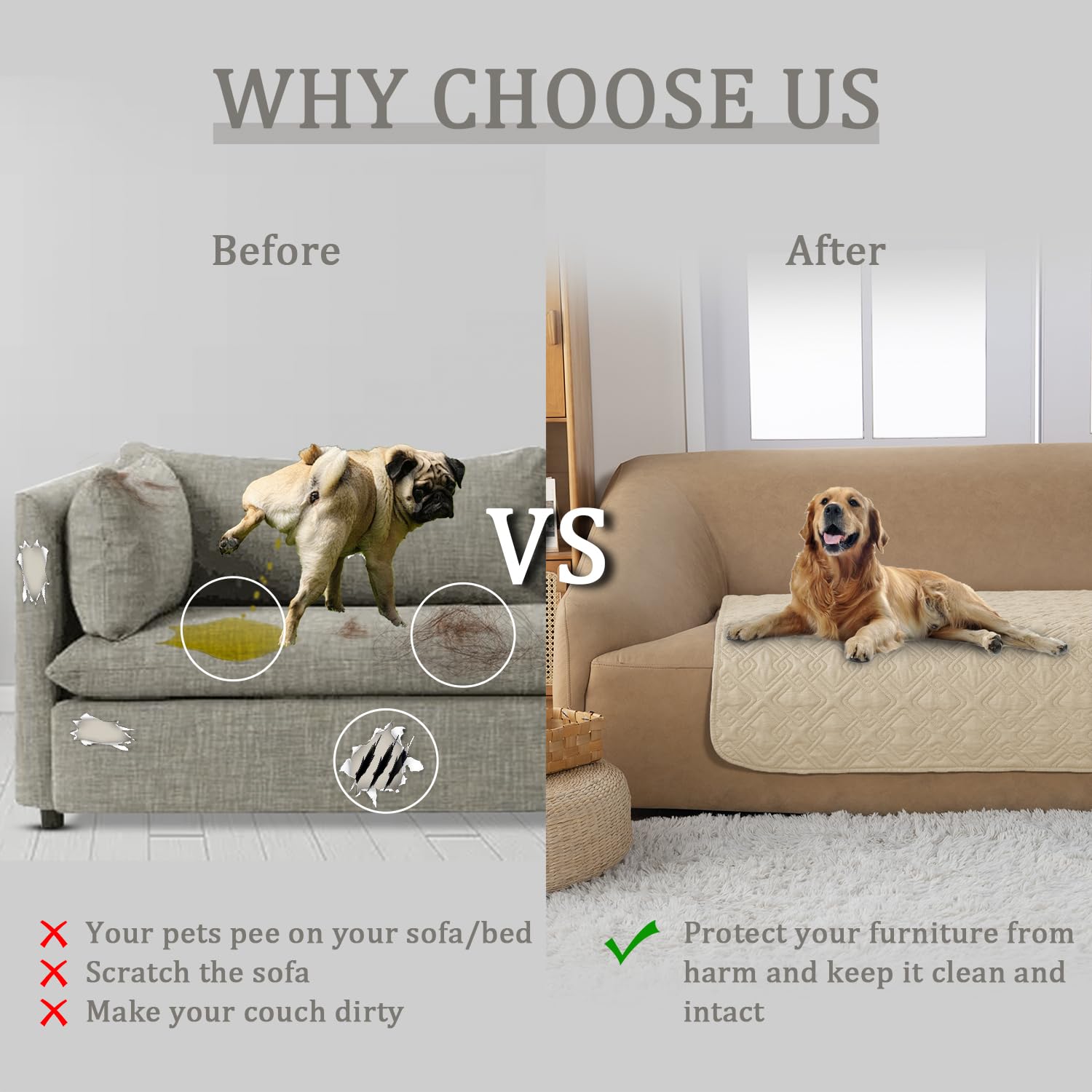 Fuguitex Waterproof Dog Bed Cover Dog Blanket For Pet Furniture Bed Couch Sofa Reversible Linen Texture(82''*102'',Cream+ Wheat)