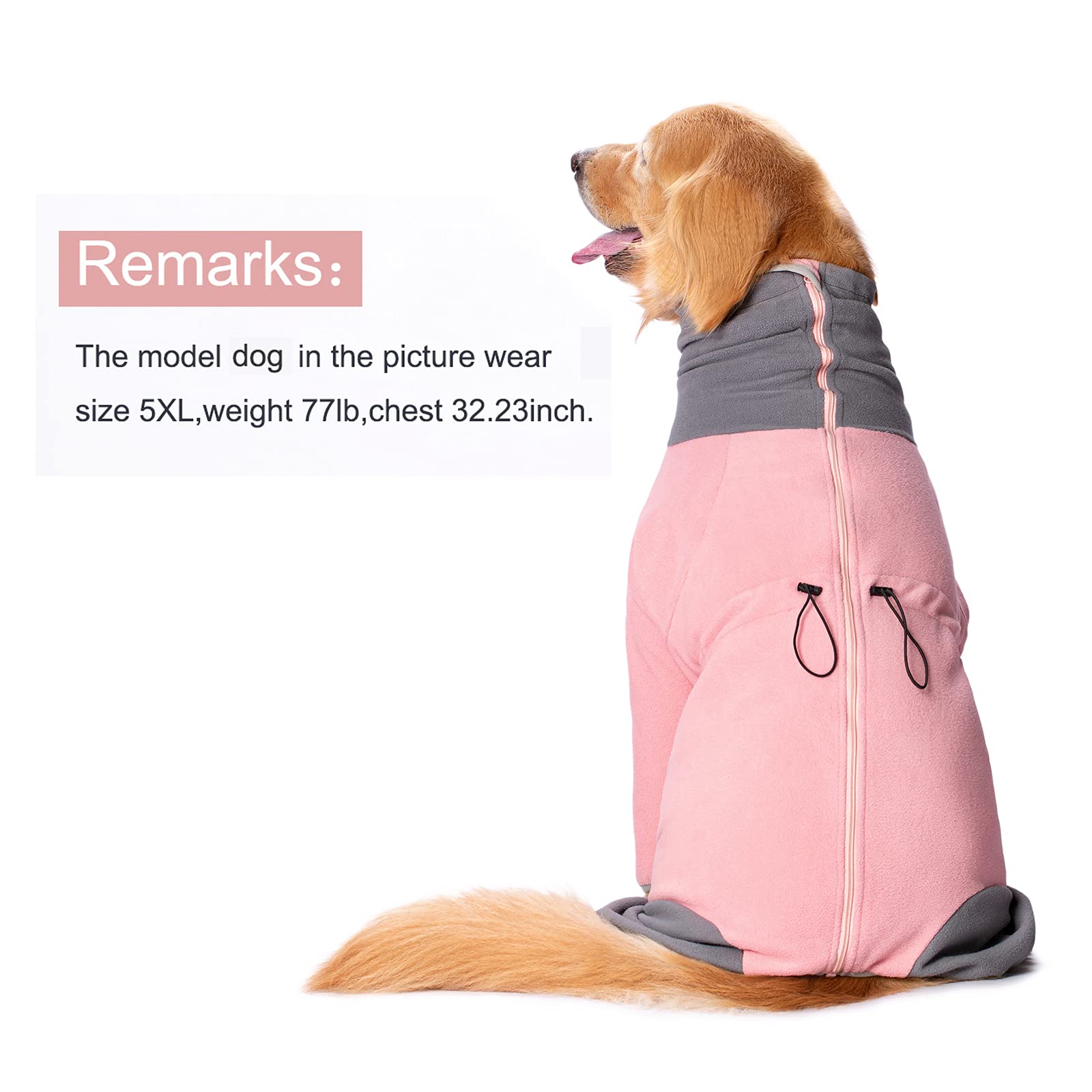 Fleece Dog Coats 4-Legs Winter Warm, High Collar, Snowsuit, Windproof, Pink, 2X-Large