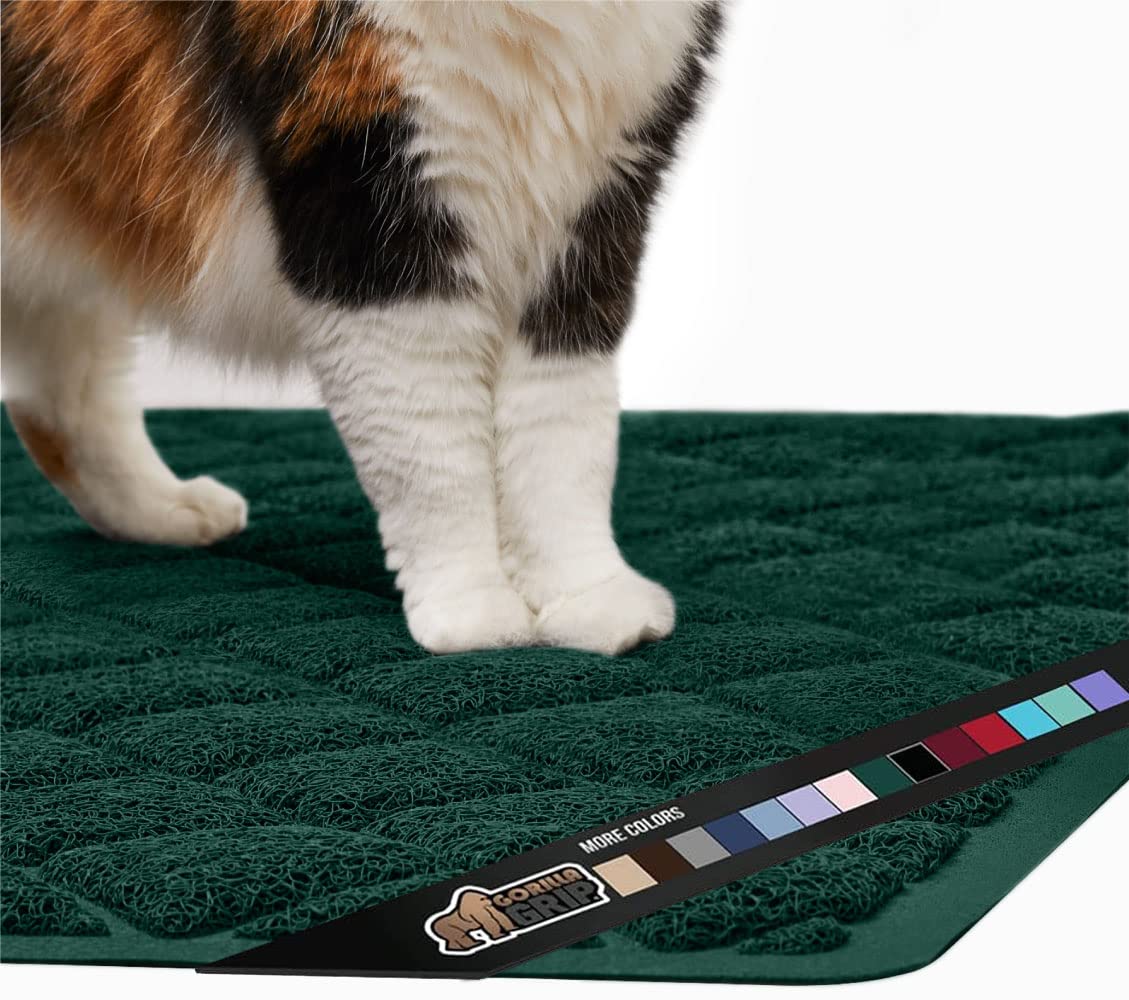 Gorilla Grip Thick Cat Litter Trapping Mat, 47X35, Less Waste, Traps Mess From Box For Cleaner Floors, Stays In Place For Cats, Soft On Paws, Easy Clean, Jumbo Size, Durable Backing, Hunter Green