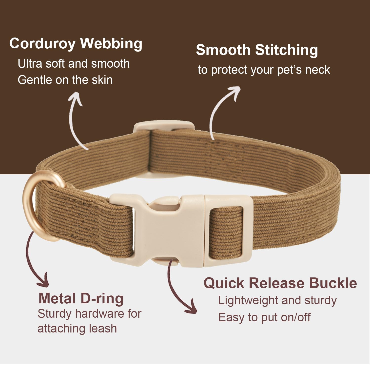 Yudote Soft Cotton Dog Collar Adjustable Corduroy Dog Collars For Small Medium Large Boy Dogs(Brown,Medium)