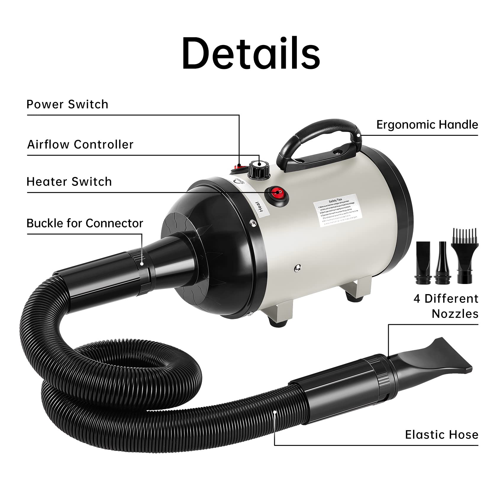 Nestroad Dog Dryer High Velocity Dog Hair Dryer,4.3Hp/3200W Dog Blower Grooming Force Dryer With Stepless Adjustable Speed,Professional Pet Hair Drying With 4 Different Nozzles For Dogs Pets,Ivory