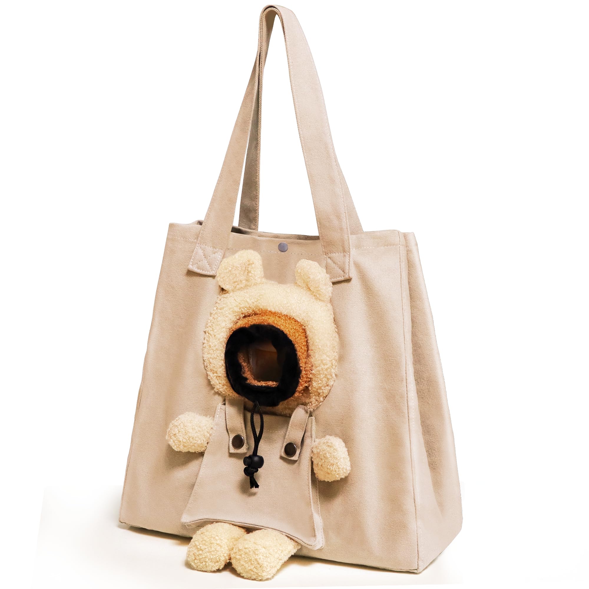 Pet Canvas Shoulder Carrying Bag, Cute Khaki Bear Shaped Cat Carrier, M Size Portable Kitten & Puppy Tote, Comfort Carriers For 