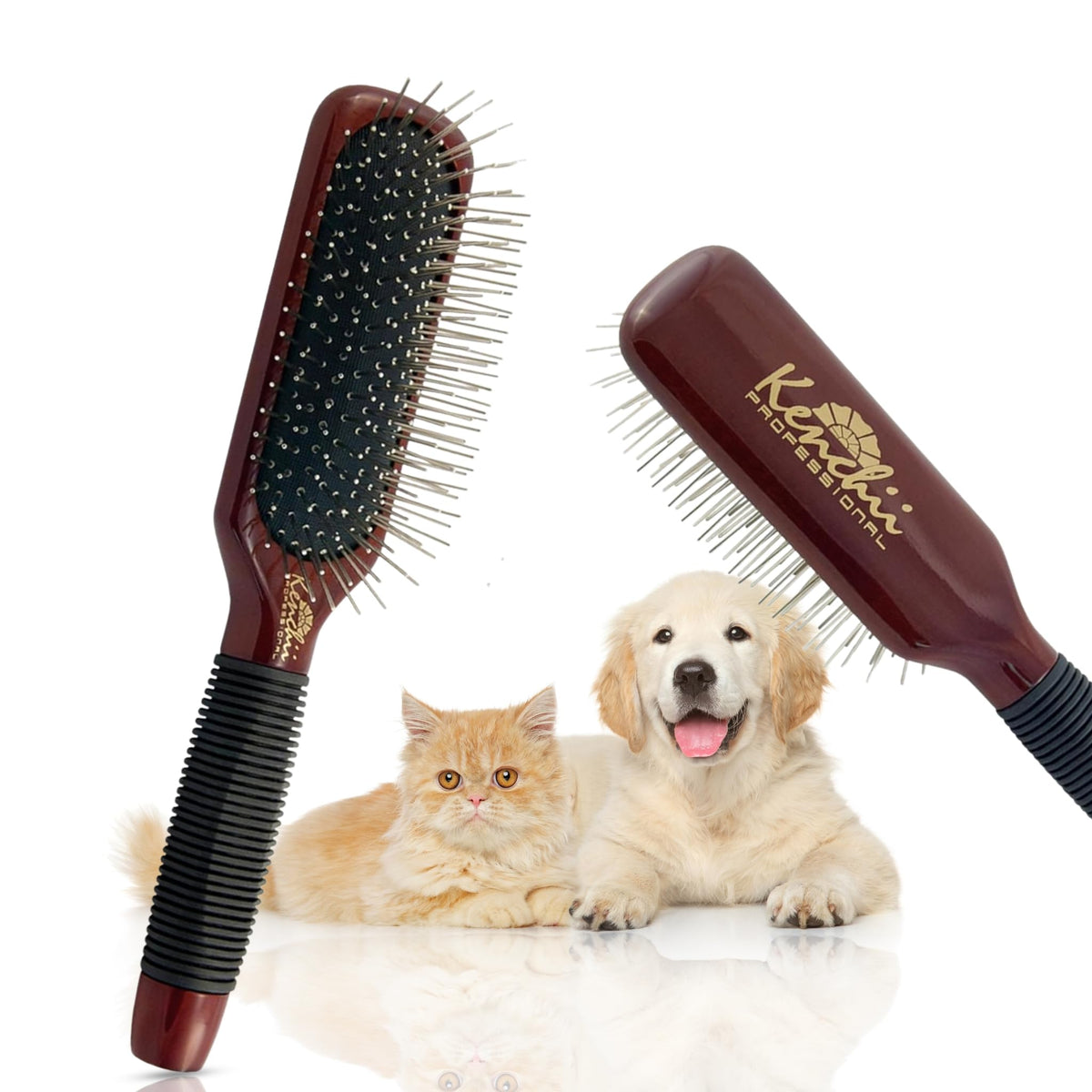 Kenchii Pet Grooming Metal Pin Brush | Solid Wood, Non-Slip Grip Detangling And Shedding Tool For Long Or Short Haired Pets - Large Oblong Size