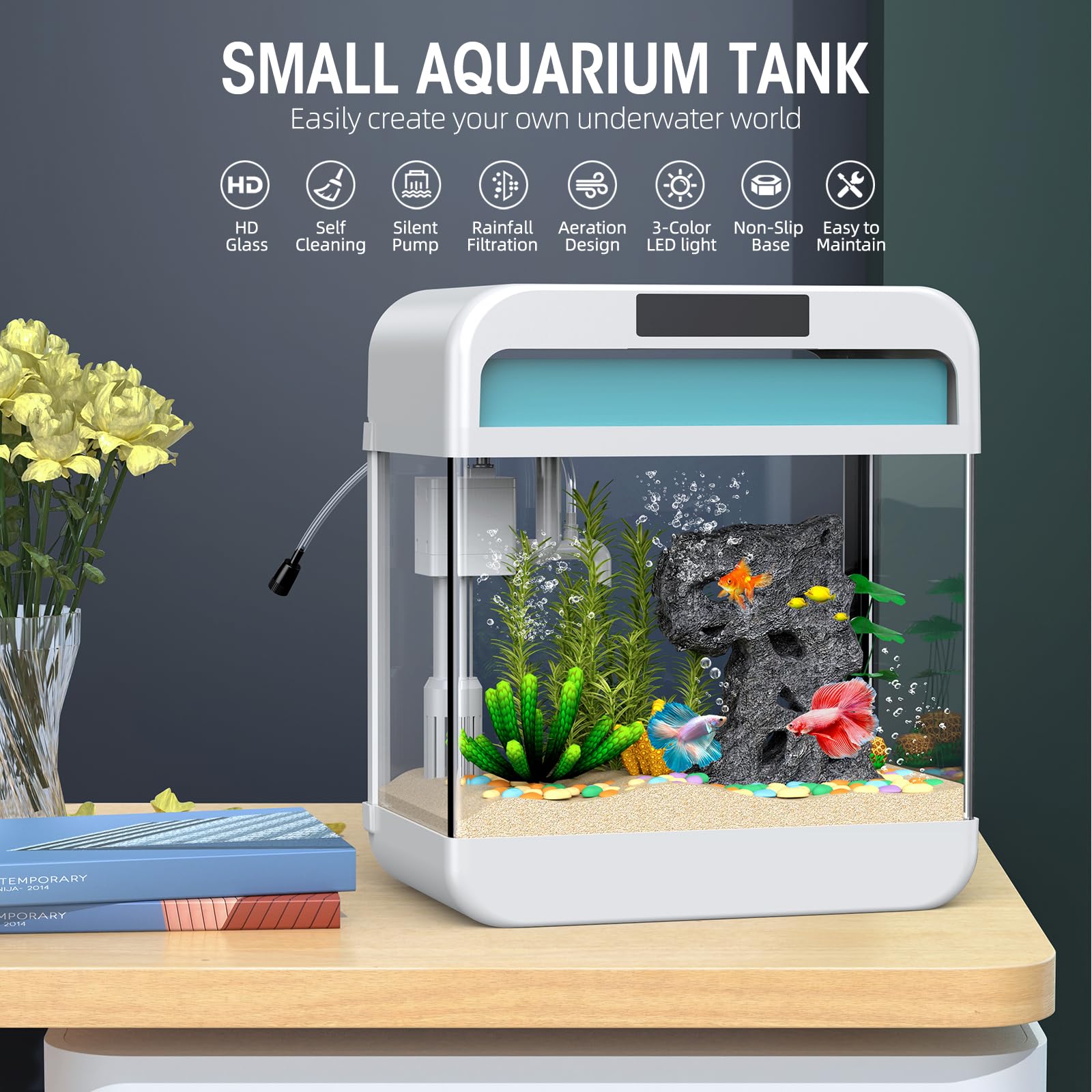 Fish Tank 2.2 Gallon Fish Bowl With Adjustable 3 Color Lighting 3 In 1 Silent Pump With Filteration, Oxygenation, Water Circulat
