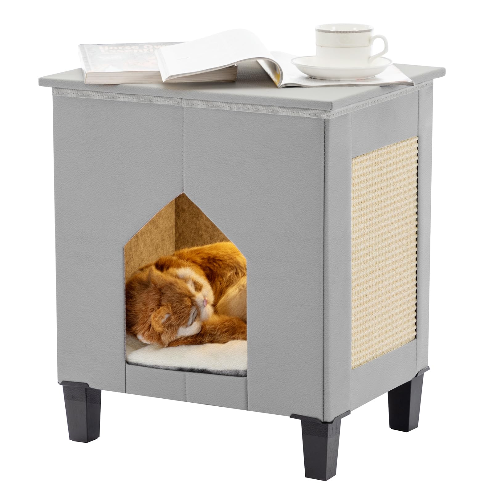 Nuromy Cat Condo & Hideaway - Large Scratch Pad, Leather Cat Bed & Side Table, Grey